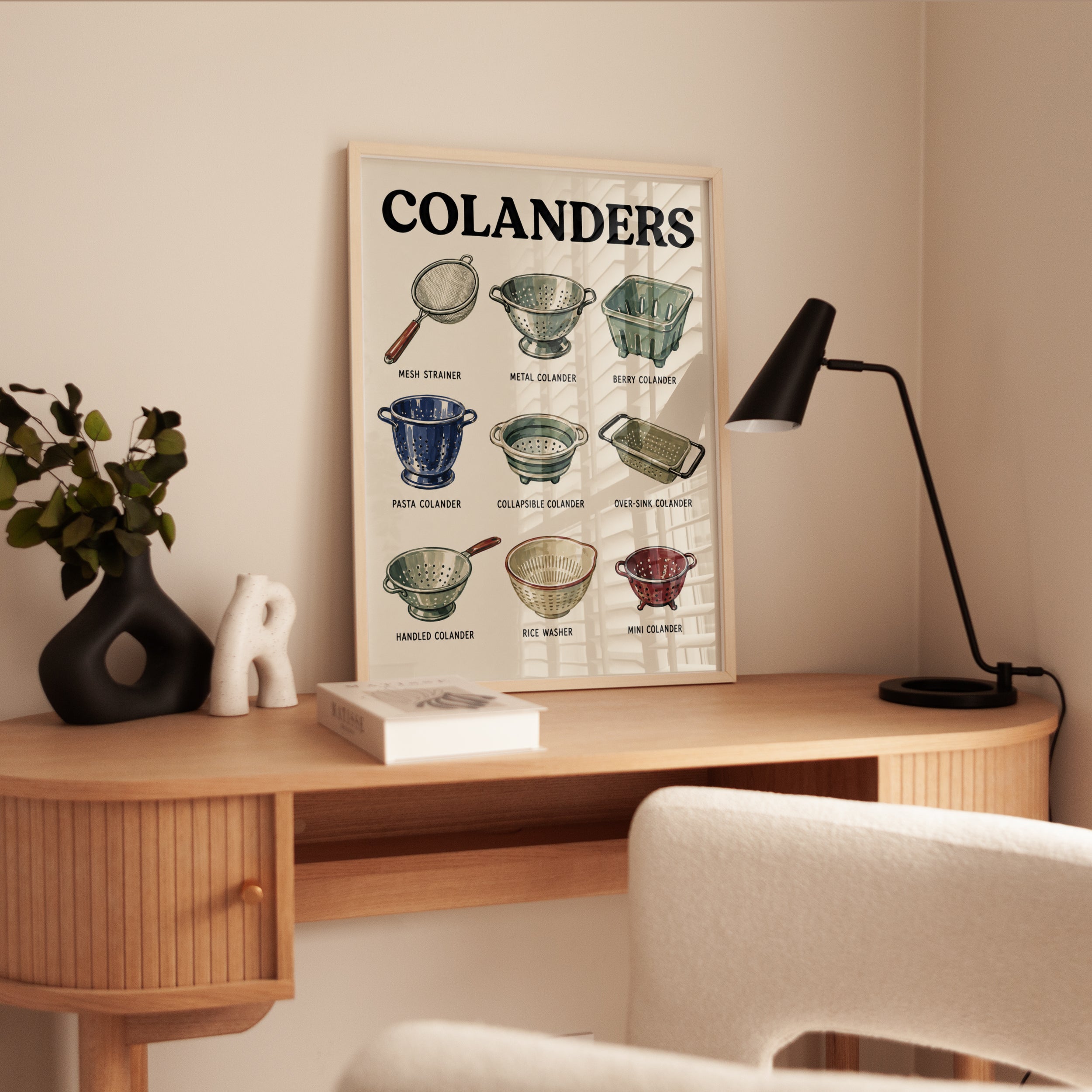 Vintage Colanders Kitchen Art Print: Retro Culinary Guide - interior
