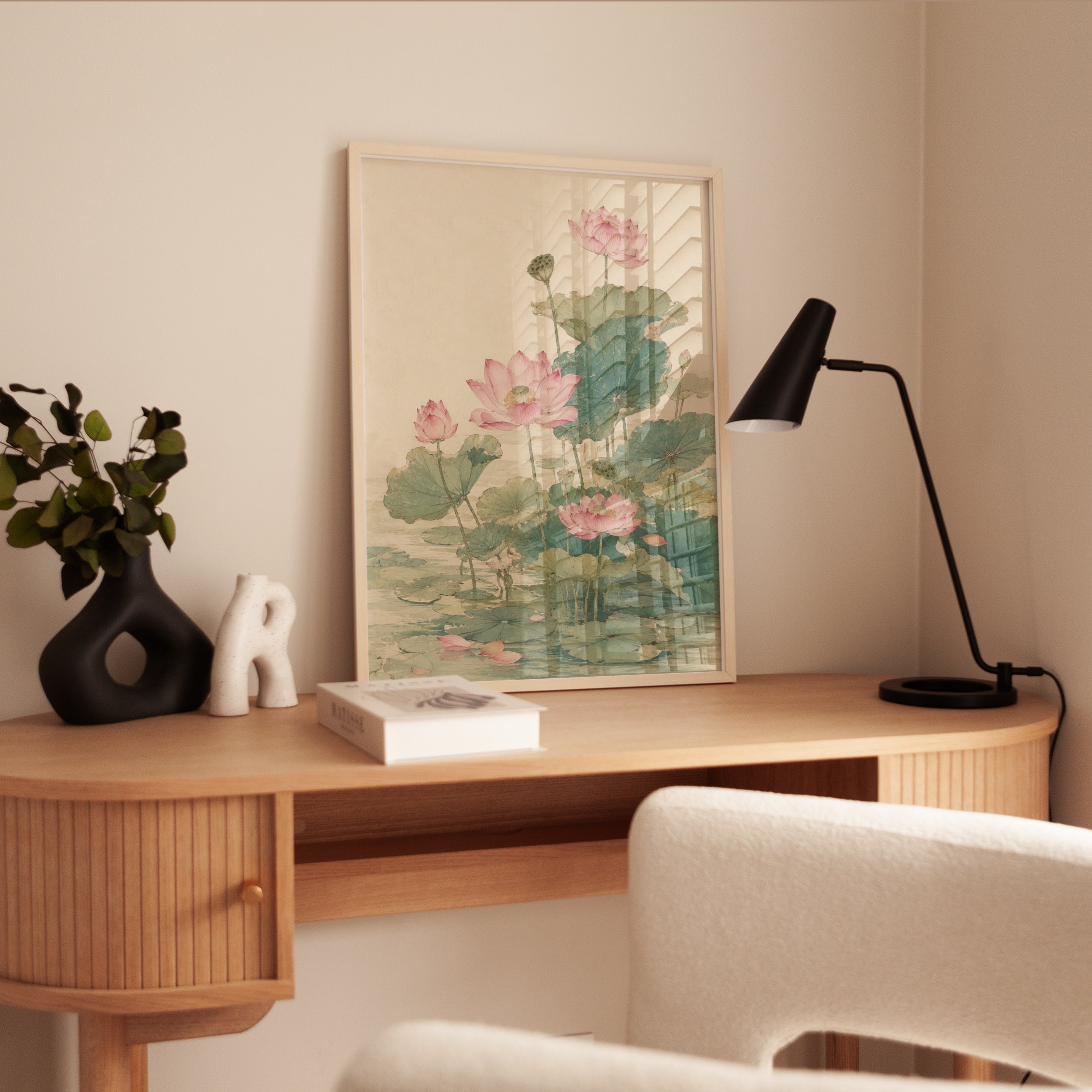 Pink Lotus Flowers Art Print: Vintage Botanical Watercolor - interior