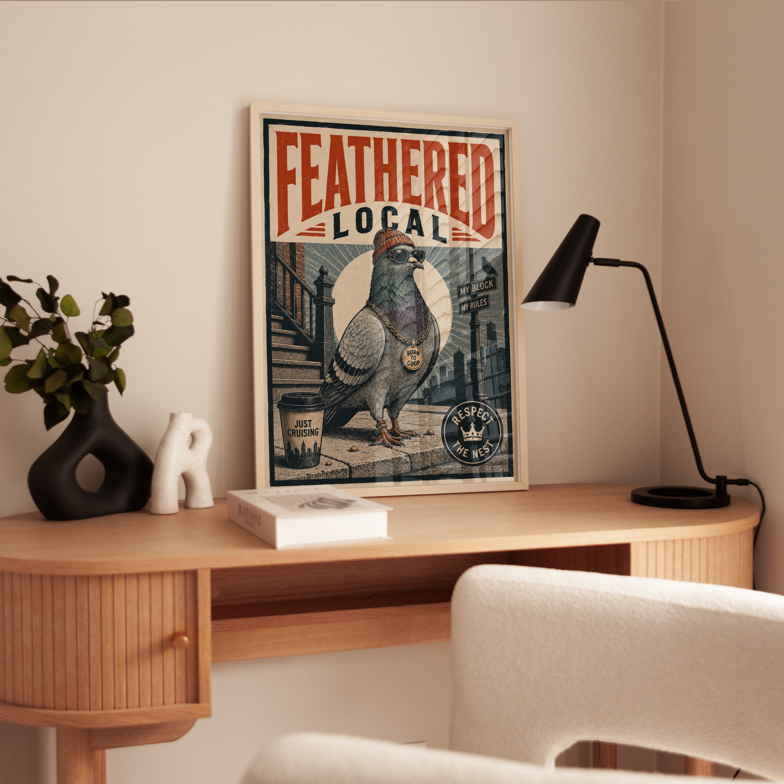 Feathered Local Pigeon Poster: Retro Urban Bird Wall Art - interior
