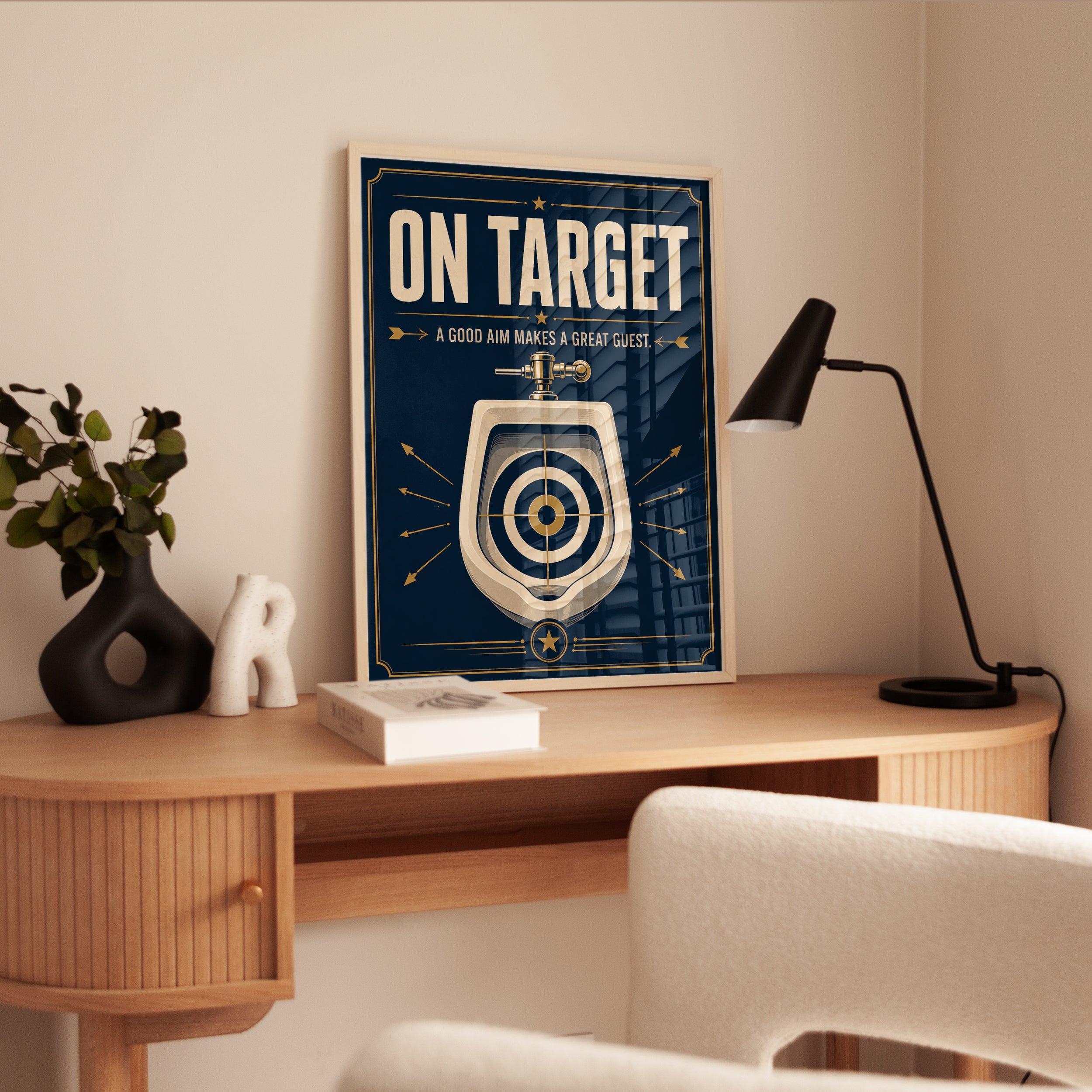 On Target Bathroom Humor Poster: Art Deco Navy and Gold Print - interior