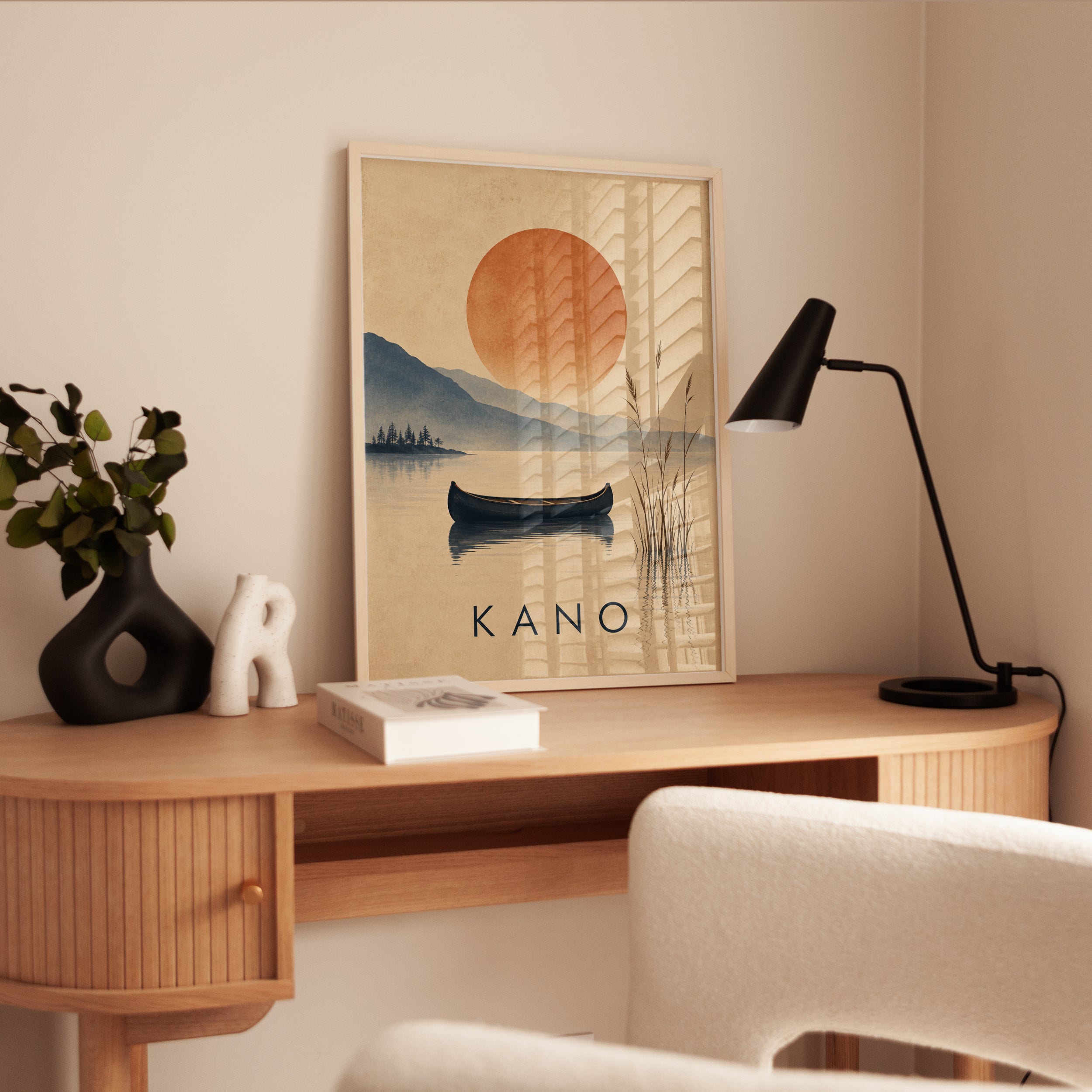 Kano Lake Canoe Poster: Minimalist Sunset Landscape Art - interior
