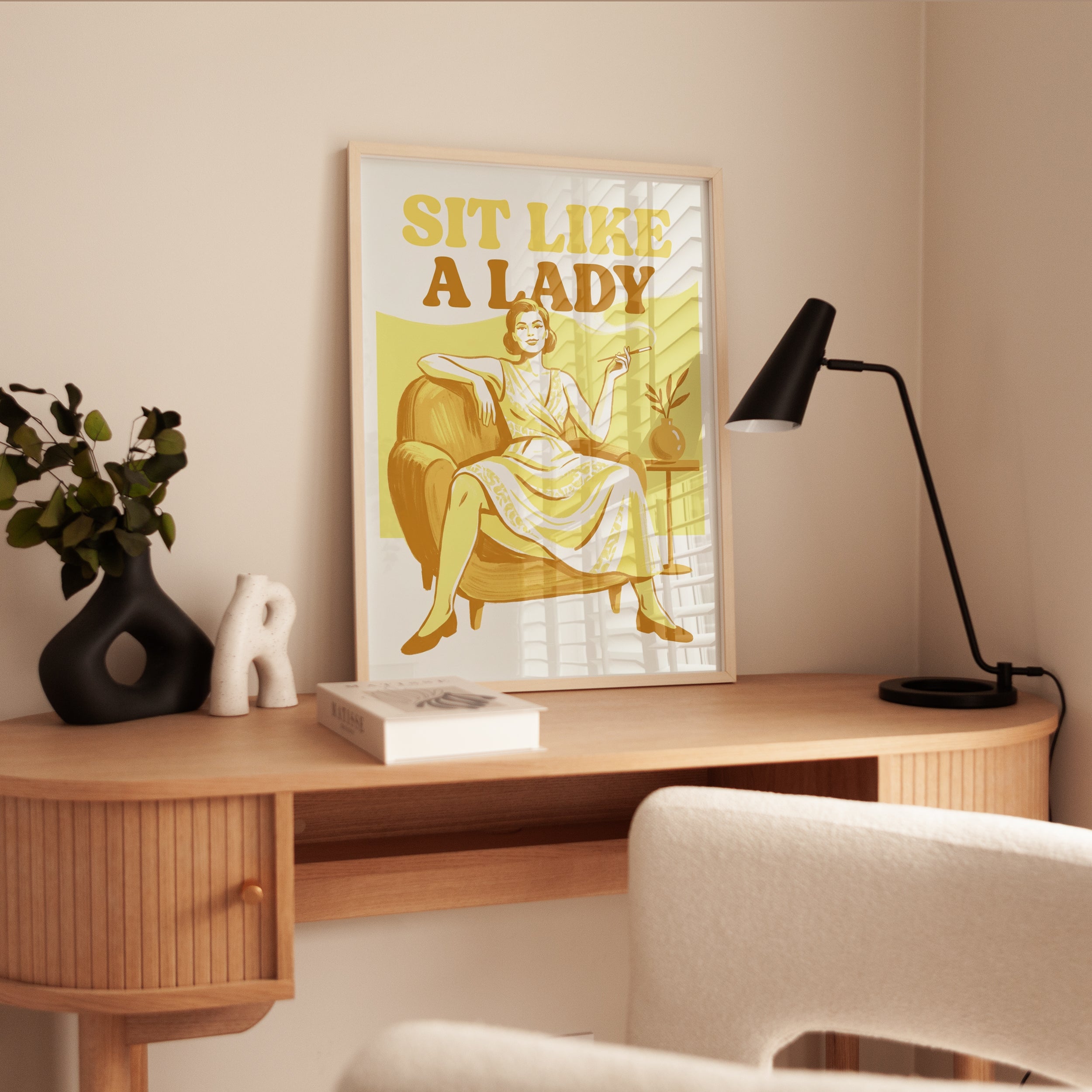 Sit Like a Lady Retro Poster: Mid-Century Yellow Wall Art - interior