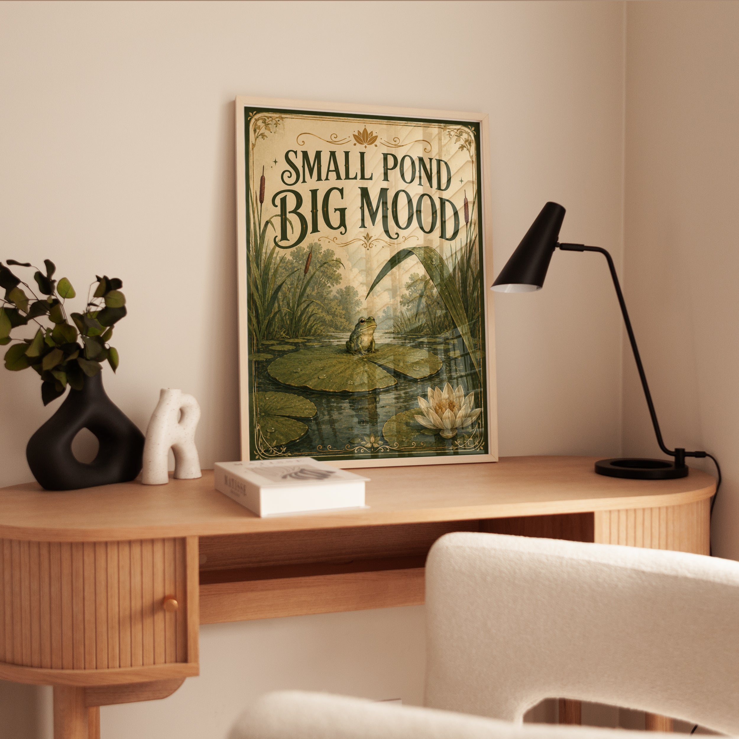 Vintage Frog on Lily Pad Poster: Art Nouveau Pond Scene - interior