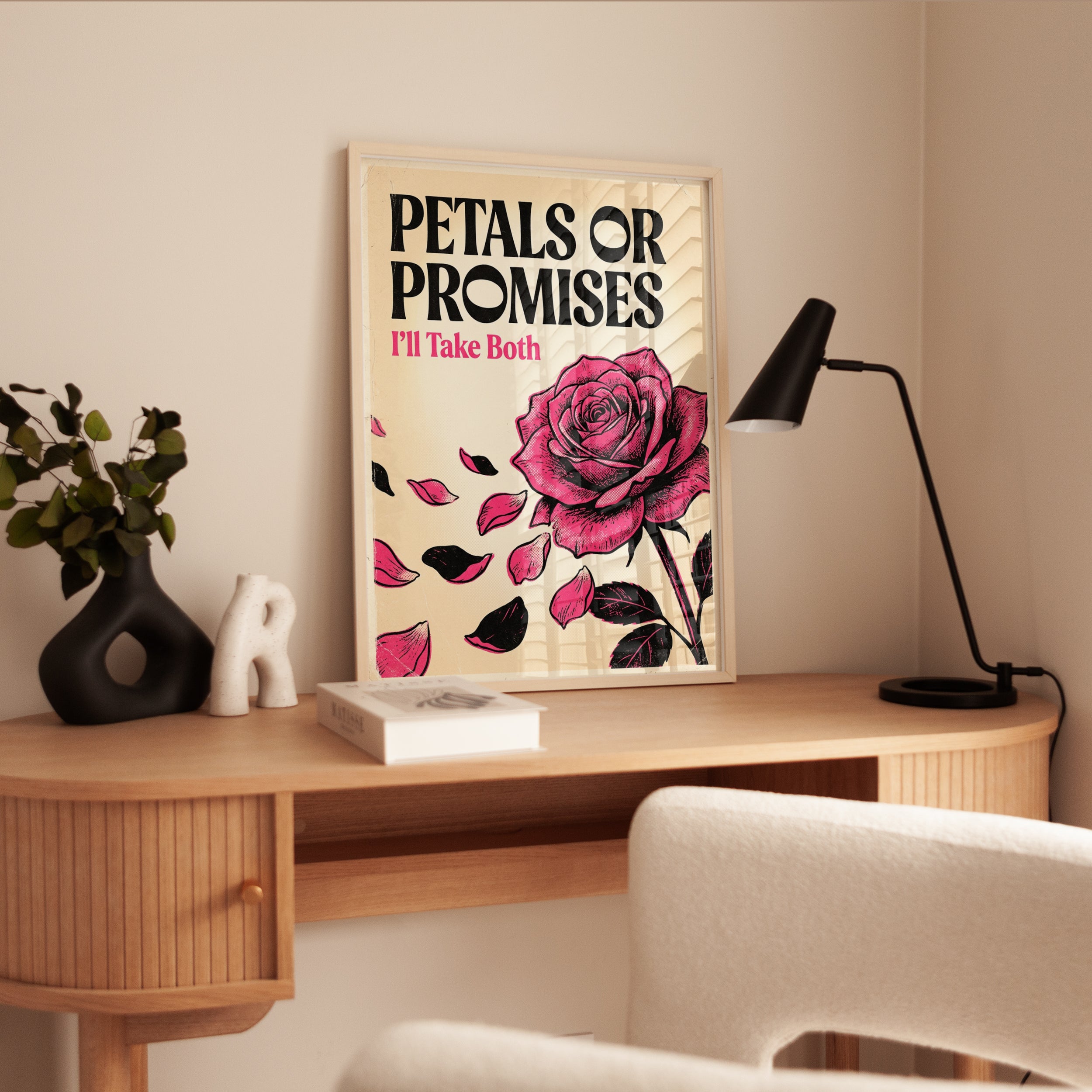 Petals Or Promises Poster: Vintage Pink Rose Typography Art - interior