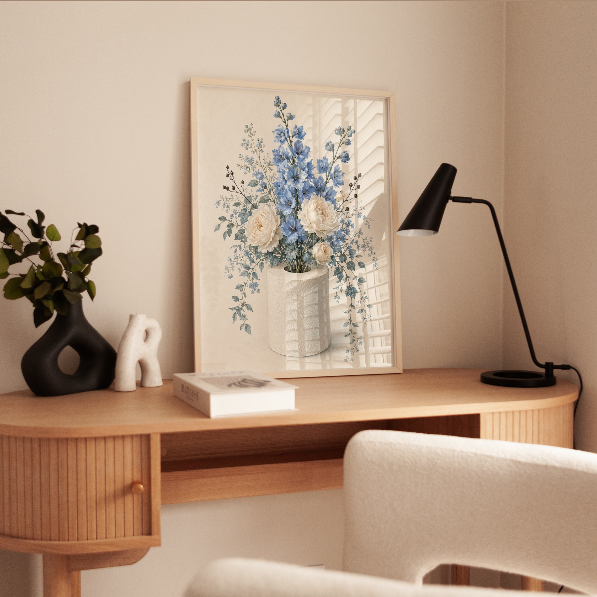 Blue Delphinium White Roses Art Print: Soft Botanical Floral - interior