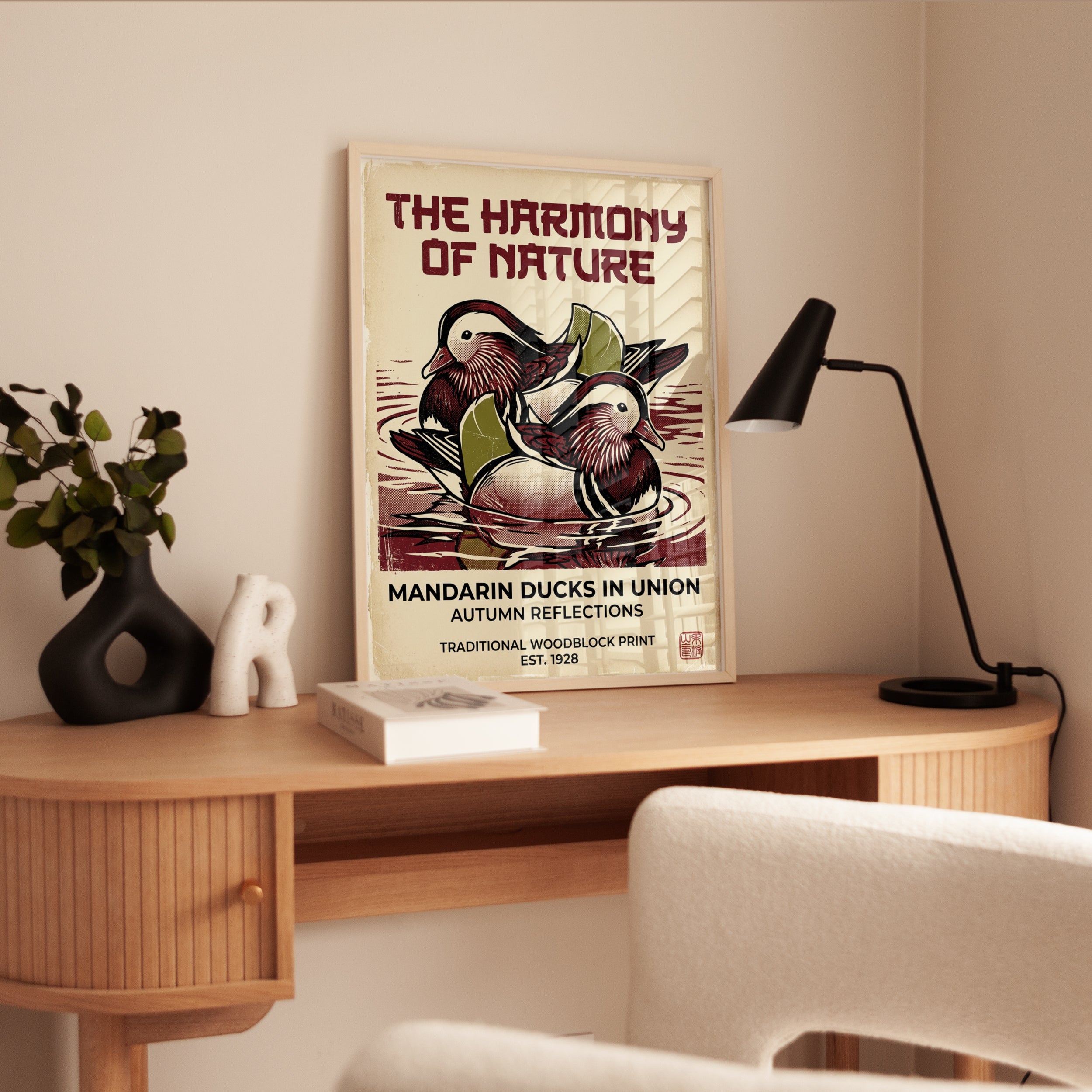Mandarin Ducks Print: Traditional Woodblock Nature Poster - interior