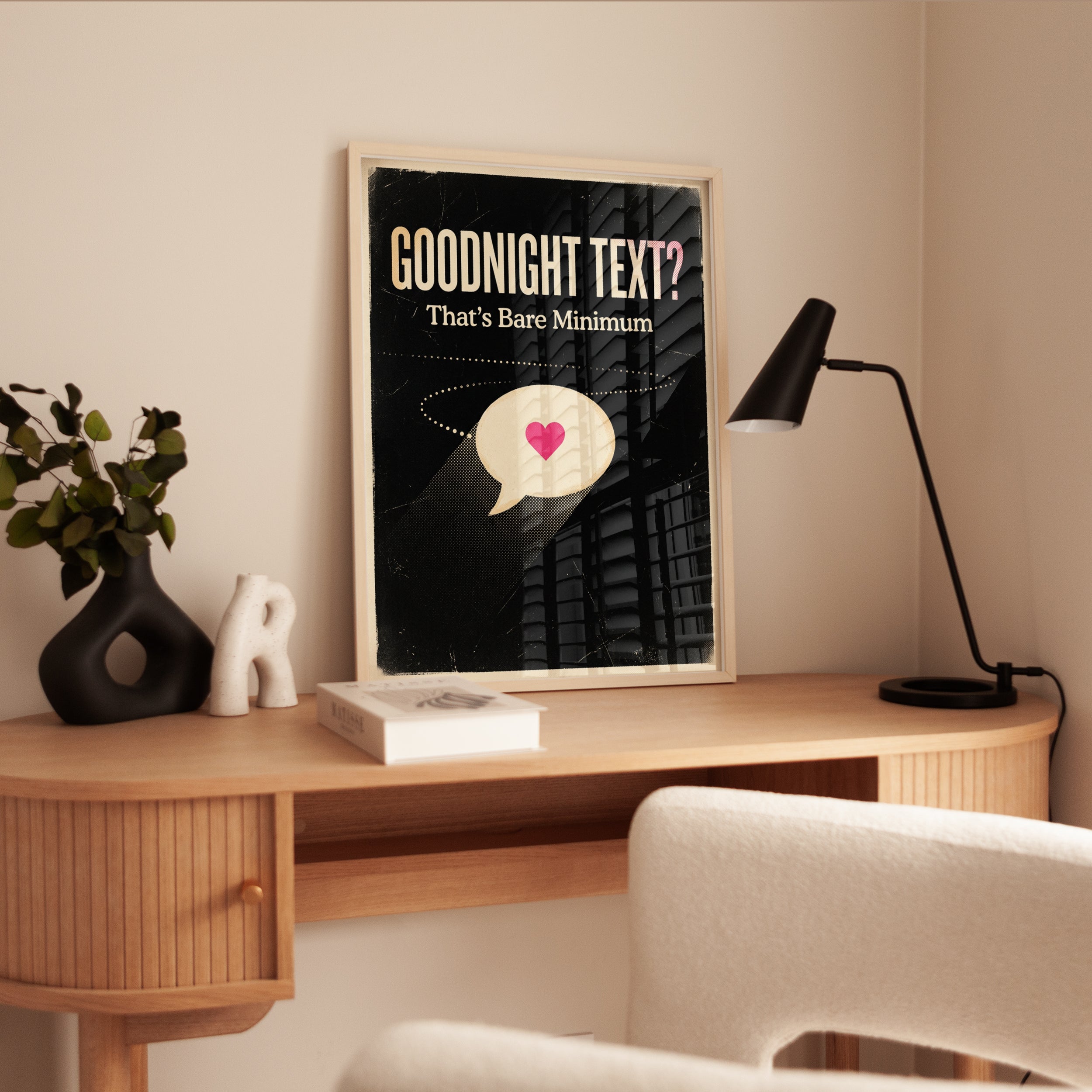 Goodnight Text Poster: Retro Typography Art with Heart Speech Bubble - interior