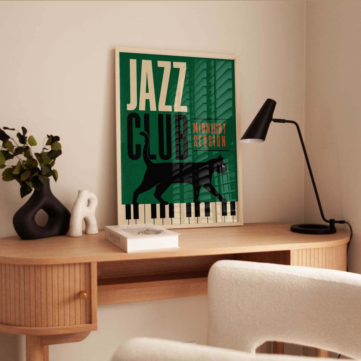 Jazz Club Wall Art: Vintage Black Cat and Piano Poster - interior