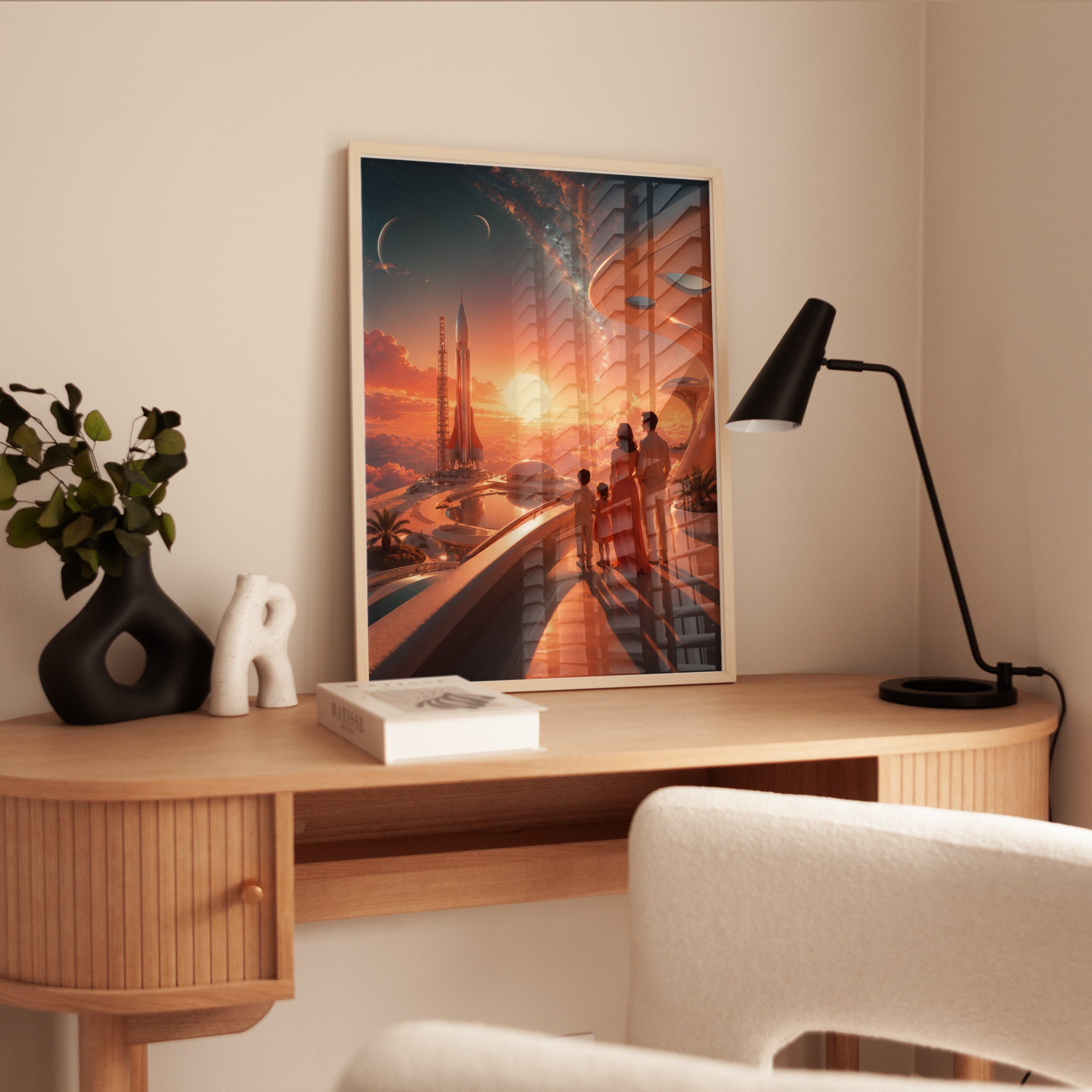 Retro Futuristic Space Colony Art Print: Orange Sunset Vision - interior