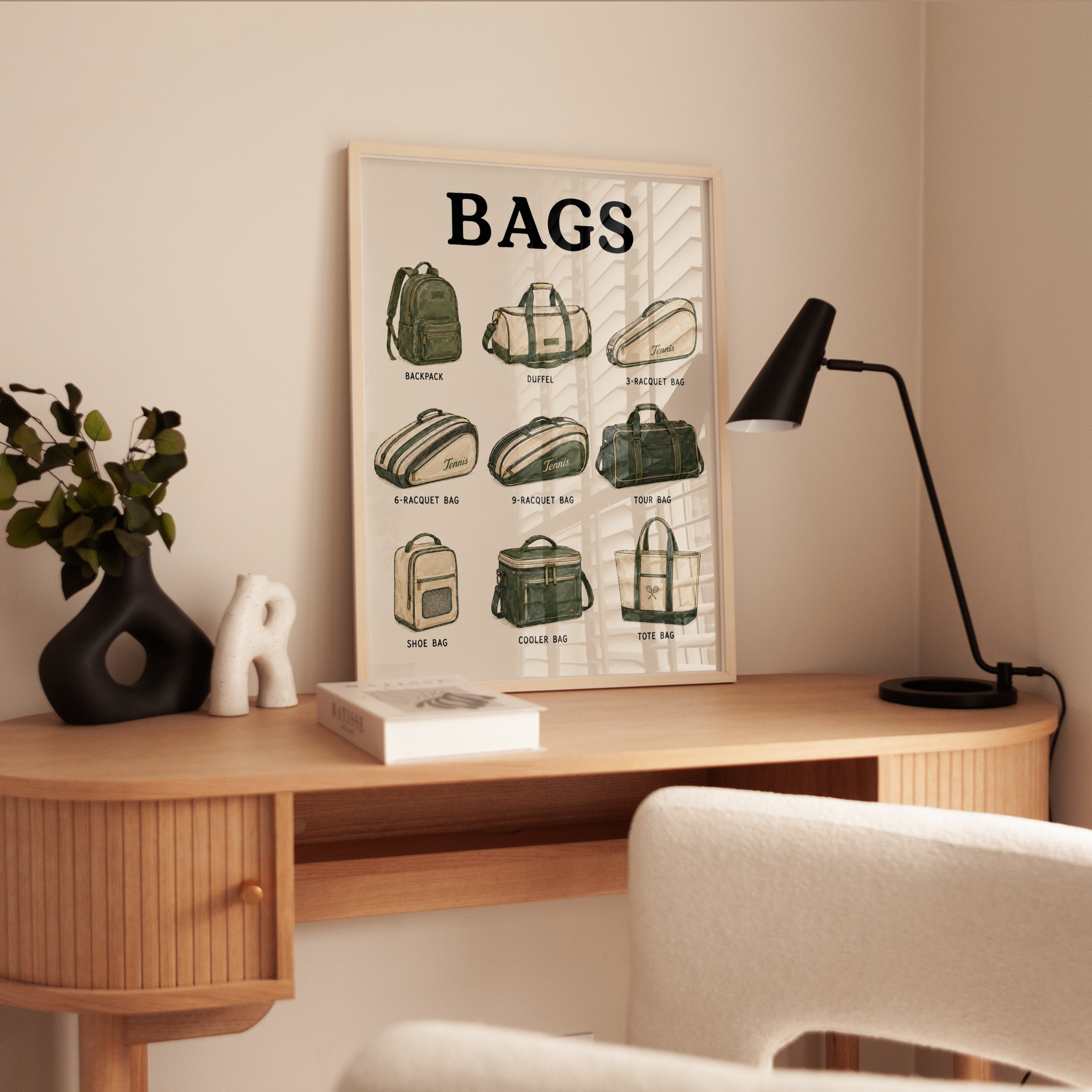 Vintage Tennis Bags Chart: Retro Sports Equipment Illustration - interior
