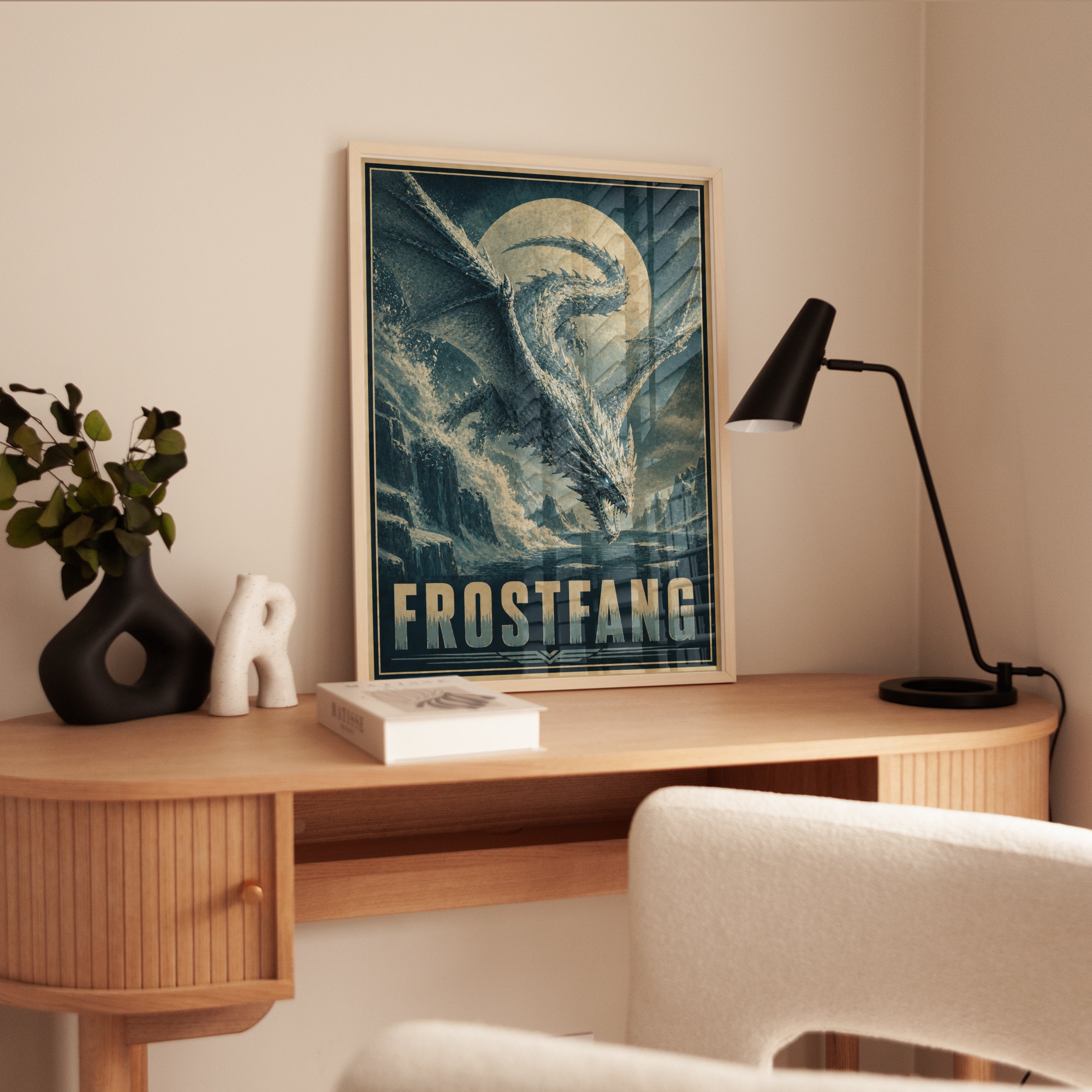 Frostfang Dragon Poster: Vintage Fantasy Art in Ice Blue - interior