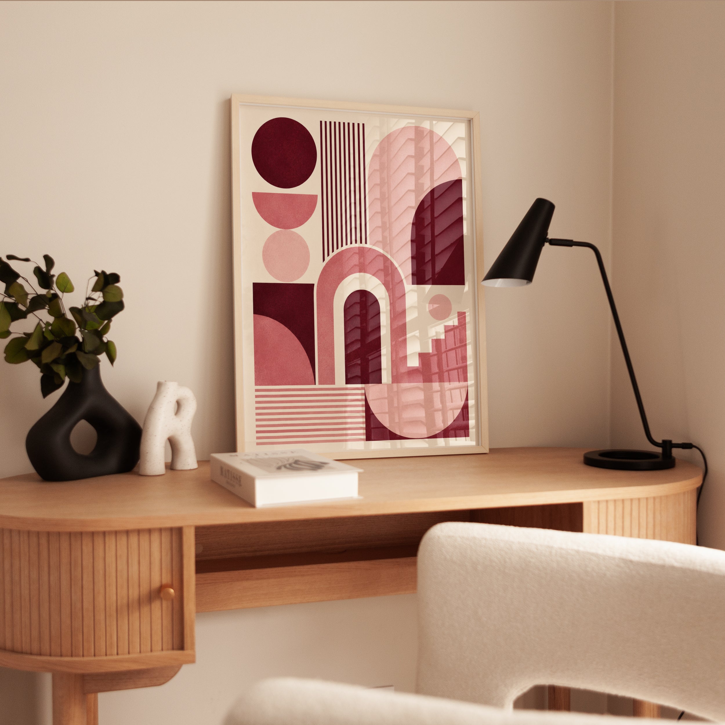 Geometric Abstract Art Print: Burgundy and Pink Bauhaus Design - interior