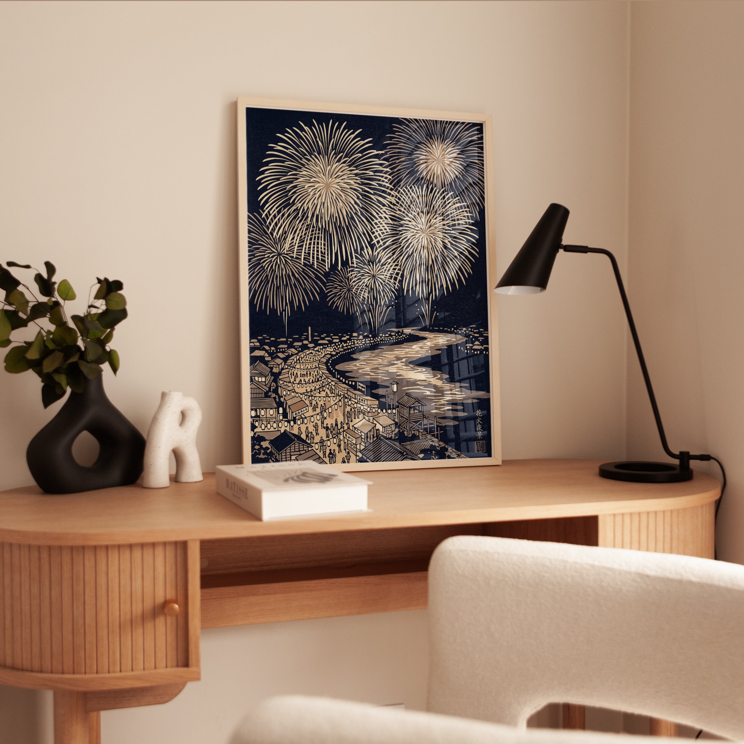 Japanese Fireworks Festival Print: Traditional Woodblock Art - interior