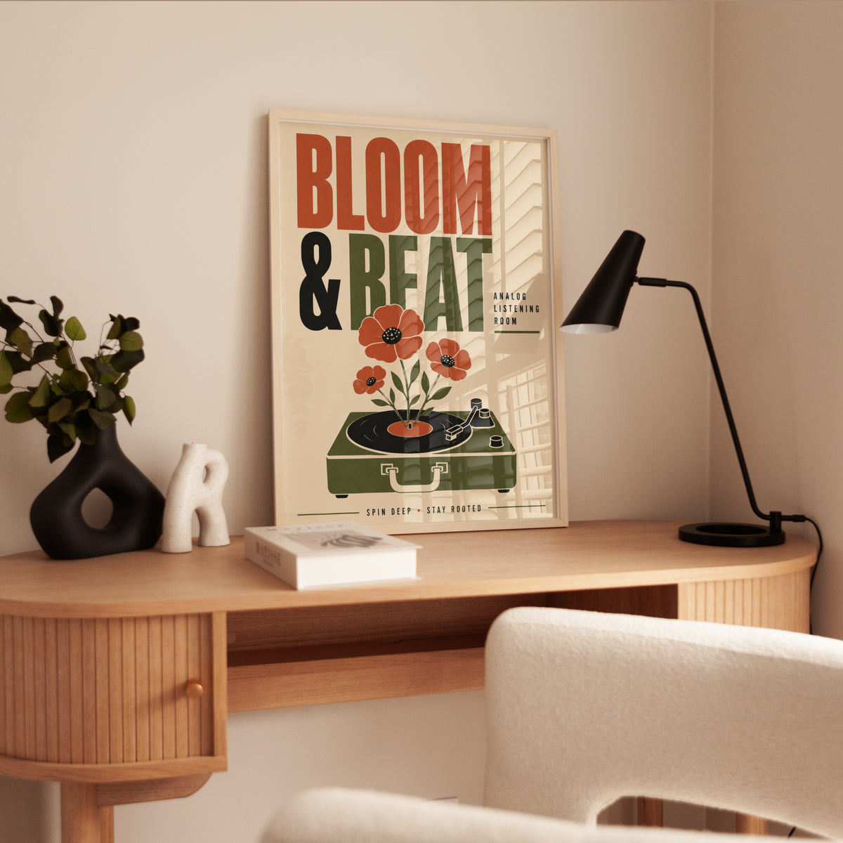Bloom and Beat Art Print: Retro Turntable with Poppies Poster - interior