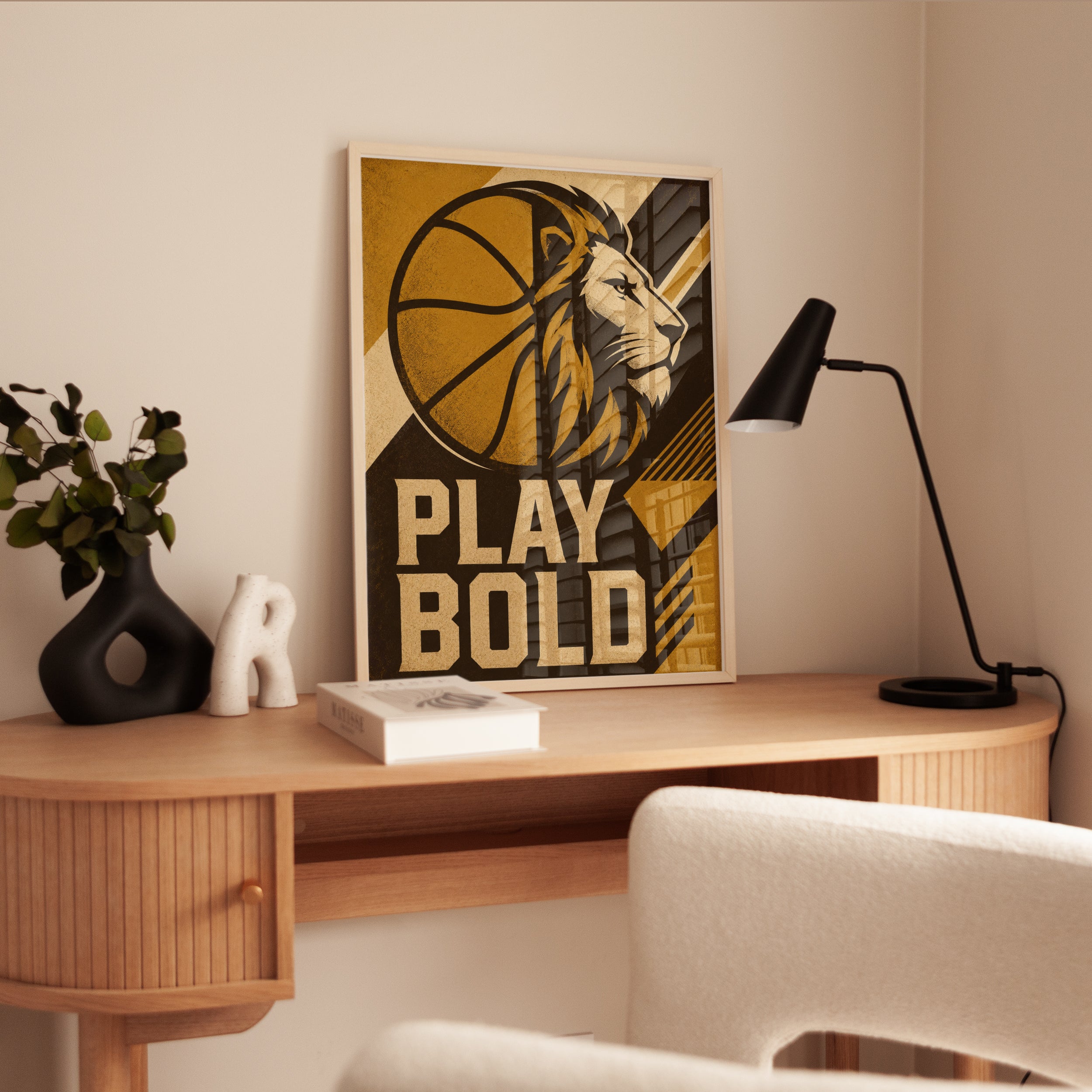 Basketball Lion Art Print: Retro Gold Sports Motivational Poster - interior