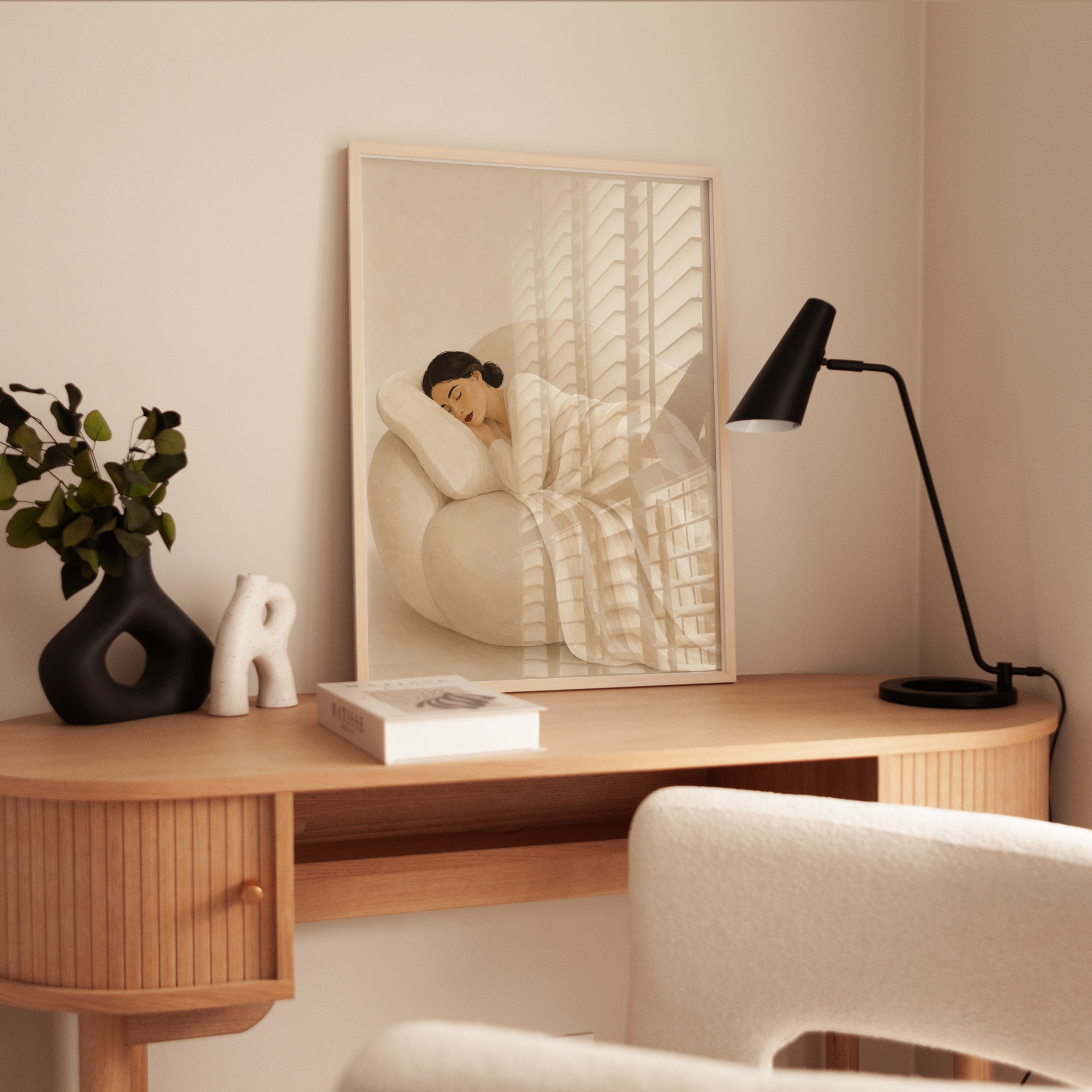 Sleeping Woman Art Deco Print: Soft Neutral Minimalist Design - interior