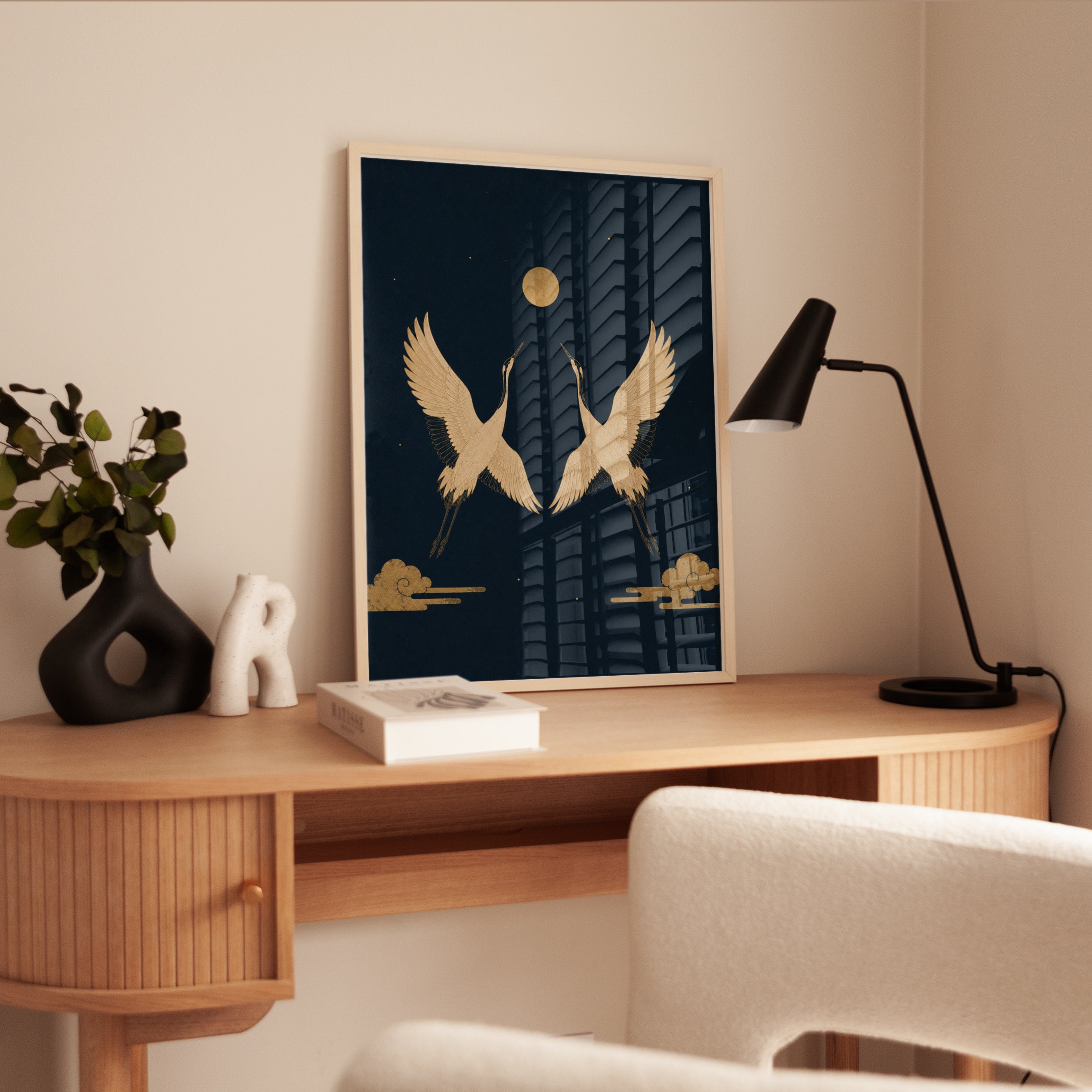 Golden Cranes Art Print: Japanese Style Birds with Moon - interior