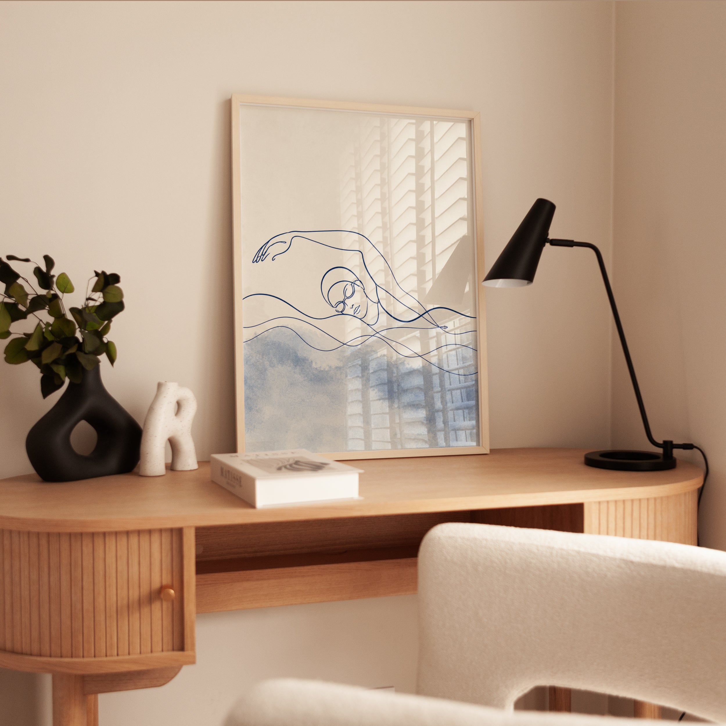 Flowing Figure Line Art Print: Minimalist Blue Watercolor Abstract - interior