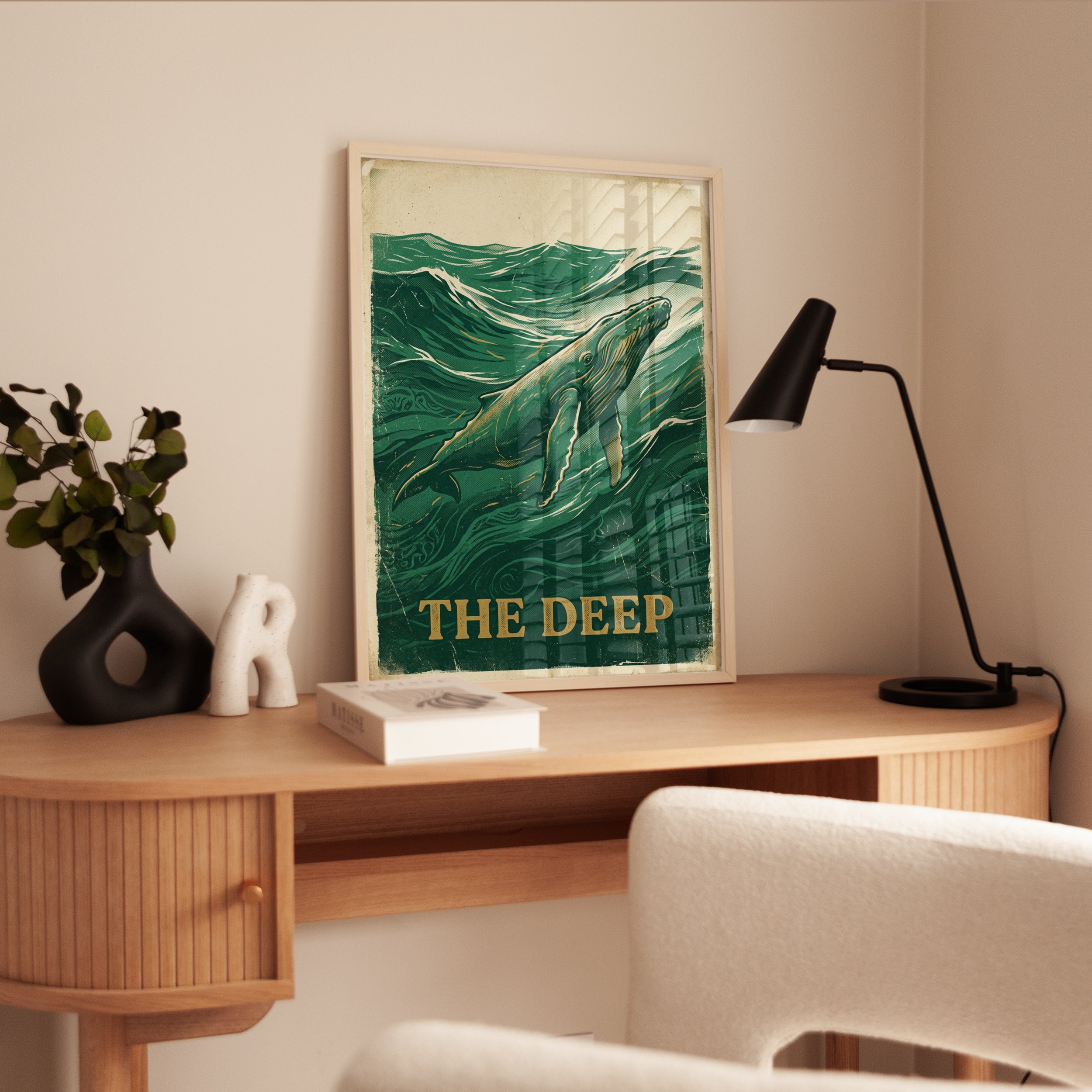 Humpback Whale Art Print: Vintage Green Woodblock Ocean Poster - interior