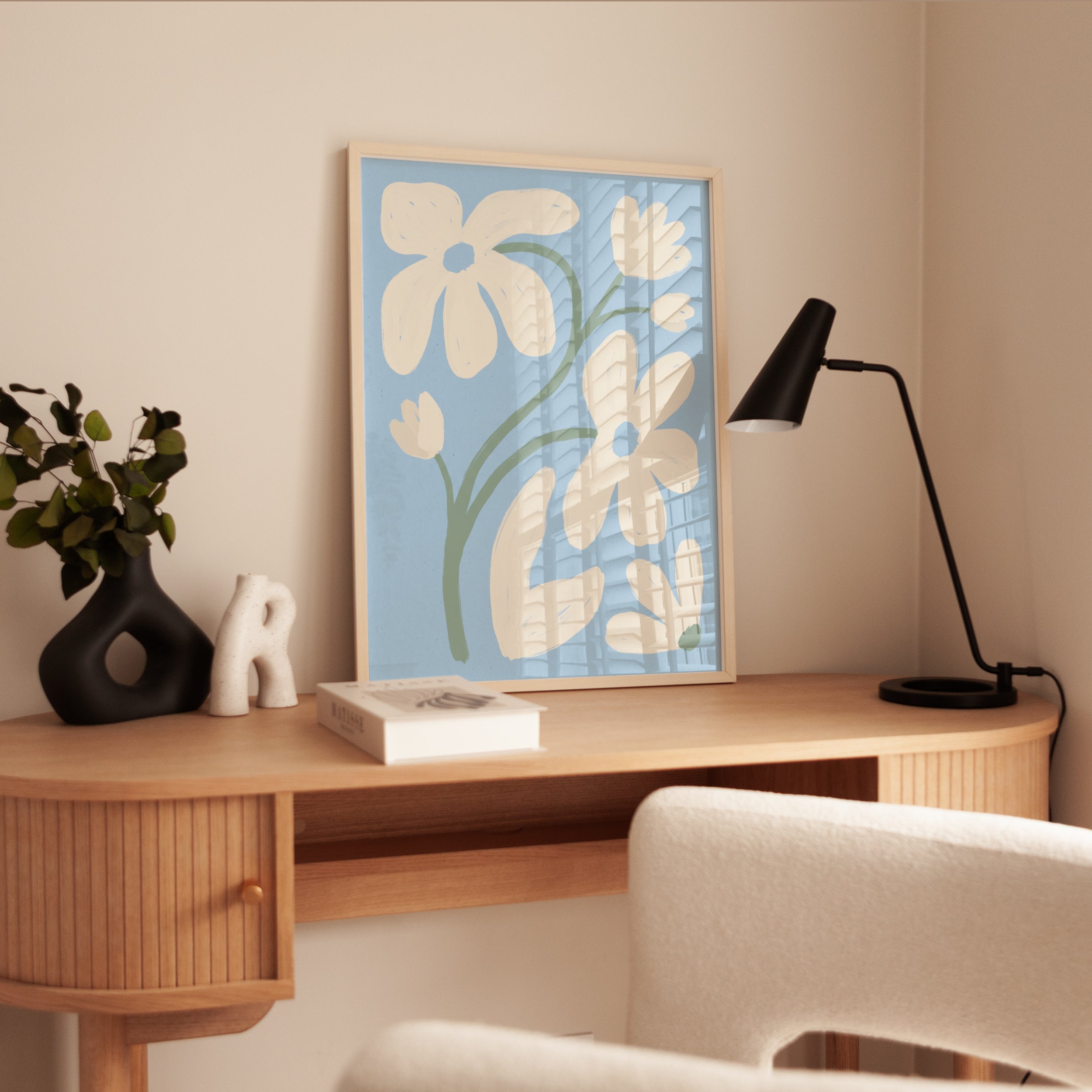 Abstract Flower Art Print: Blue Cream Botanical - interior
