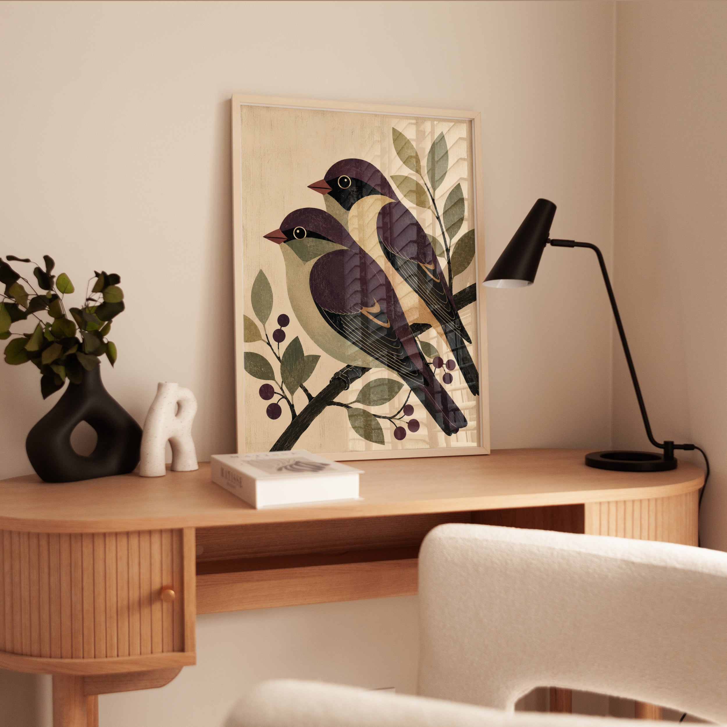Folk Art Birds Print: Vintage Purple Finch Pair on Branch - interior
