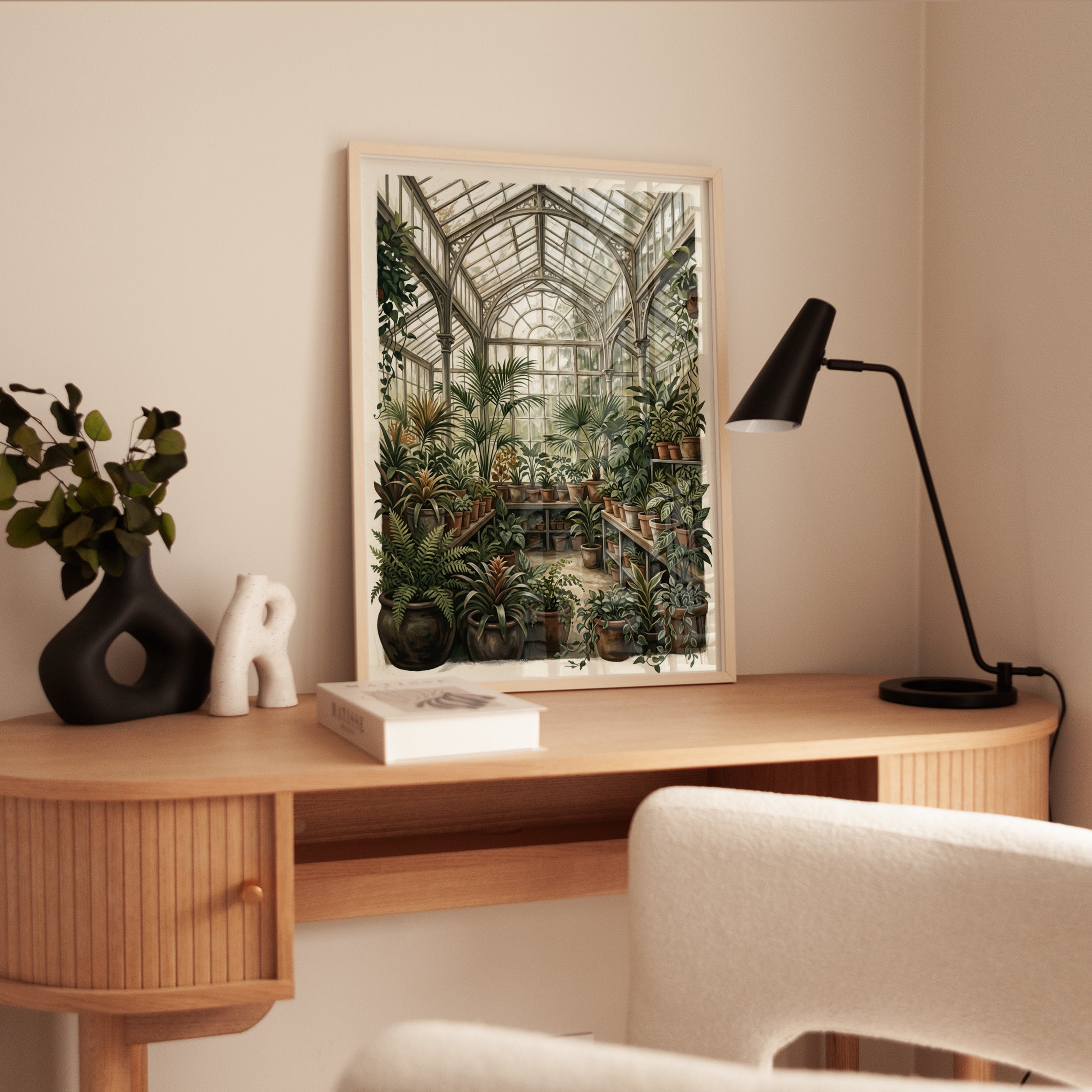Victorian Greenhouse with Tropical Plants: Botanical Art Print - interior