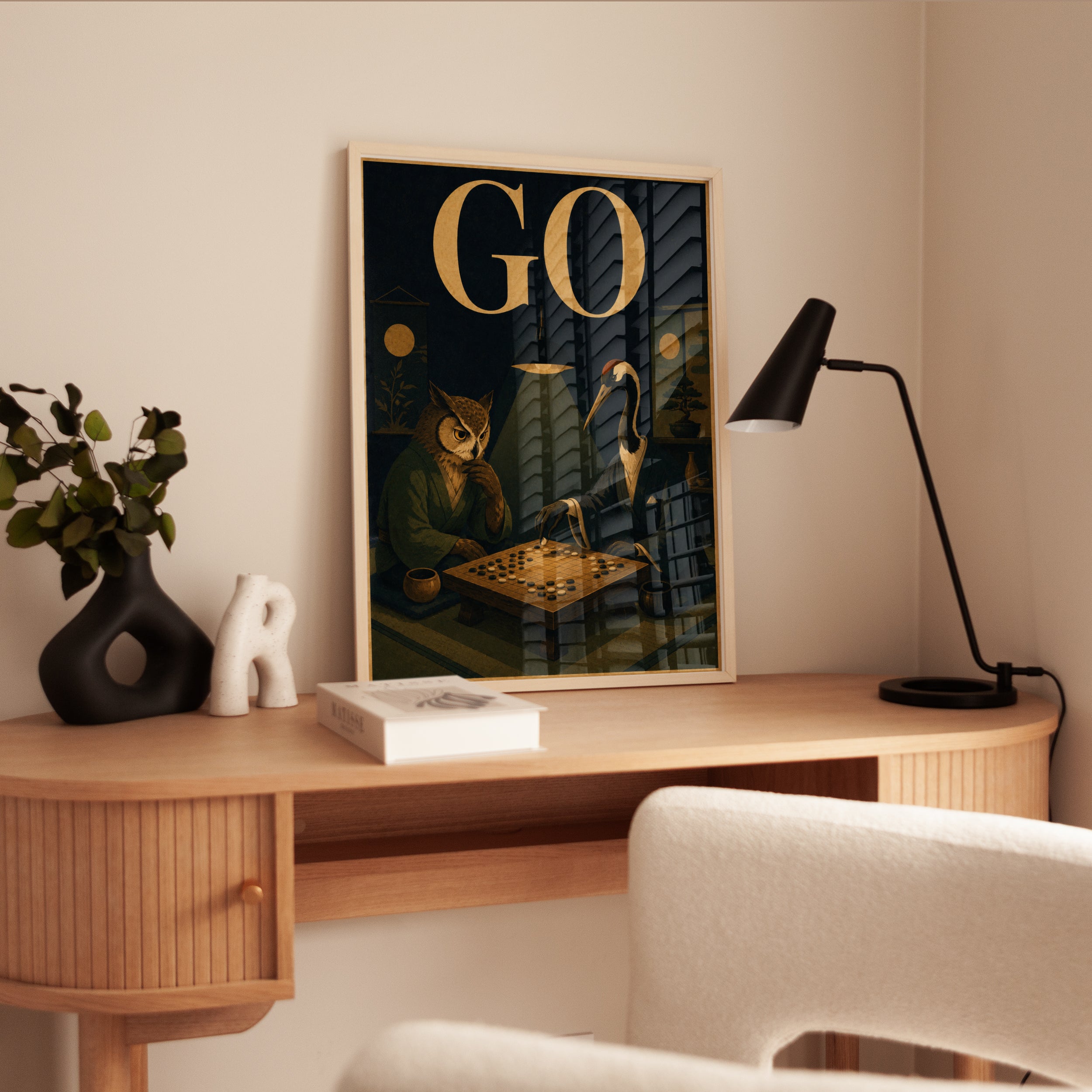 Go Game Poster: Owl and Crane Japanese Style (Vintage Wall Art) - interior