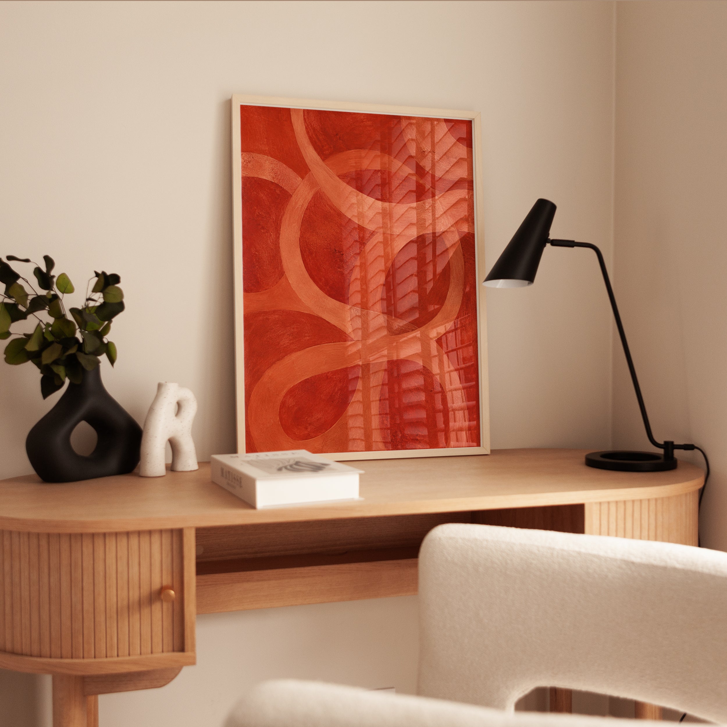 Retro Red Abstract Curves Wall Art: Mid-Century Modern Design - interior
