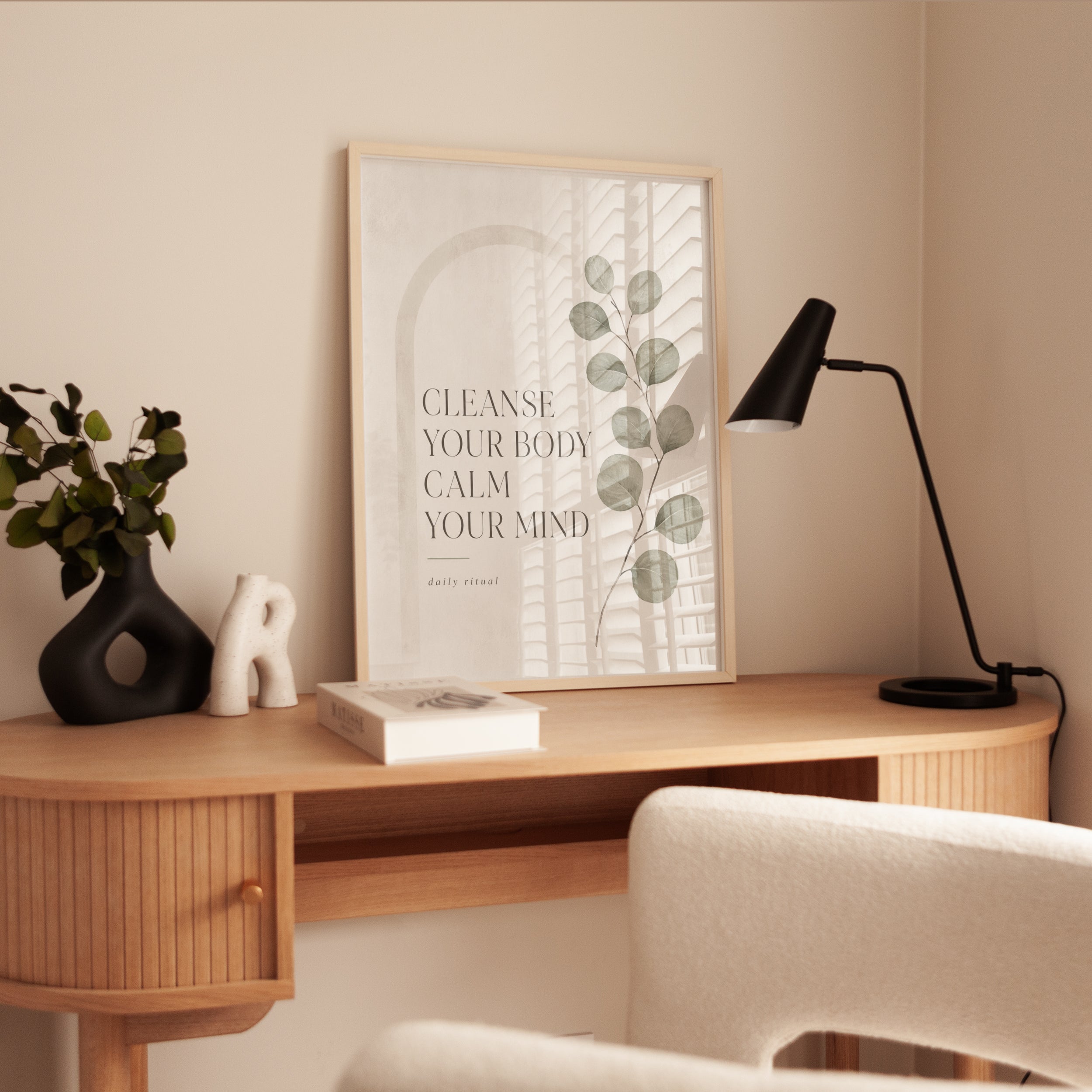 Eucalyptus Mindfulness Quote Print: Neutral Spa Wall Art - interior