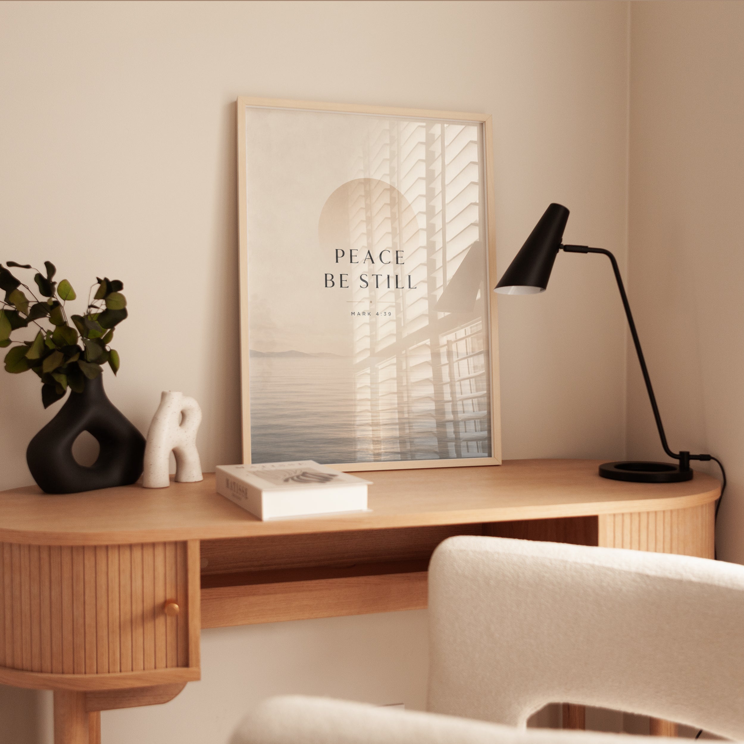 Peace Be Still Ocean Print: Minimalist Beige Biblical Wall Art - interior