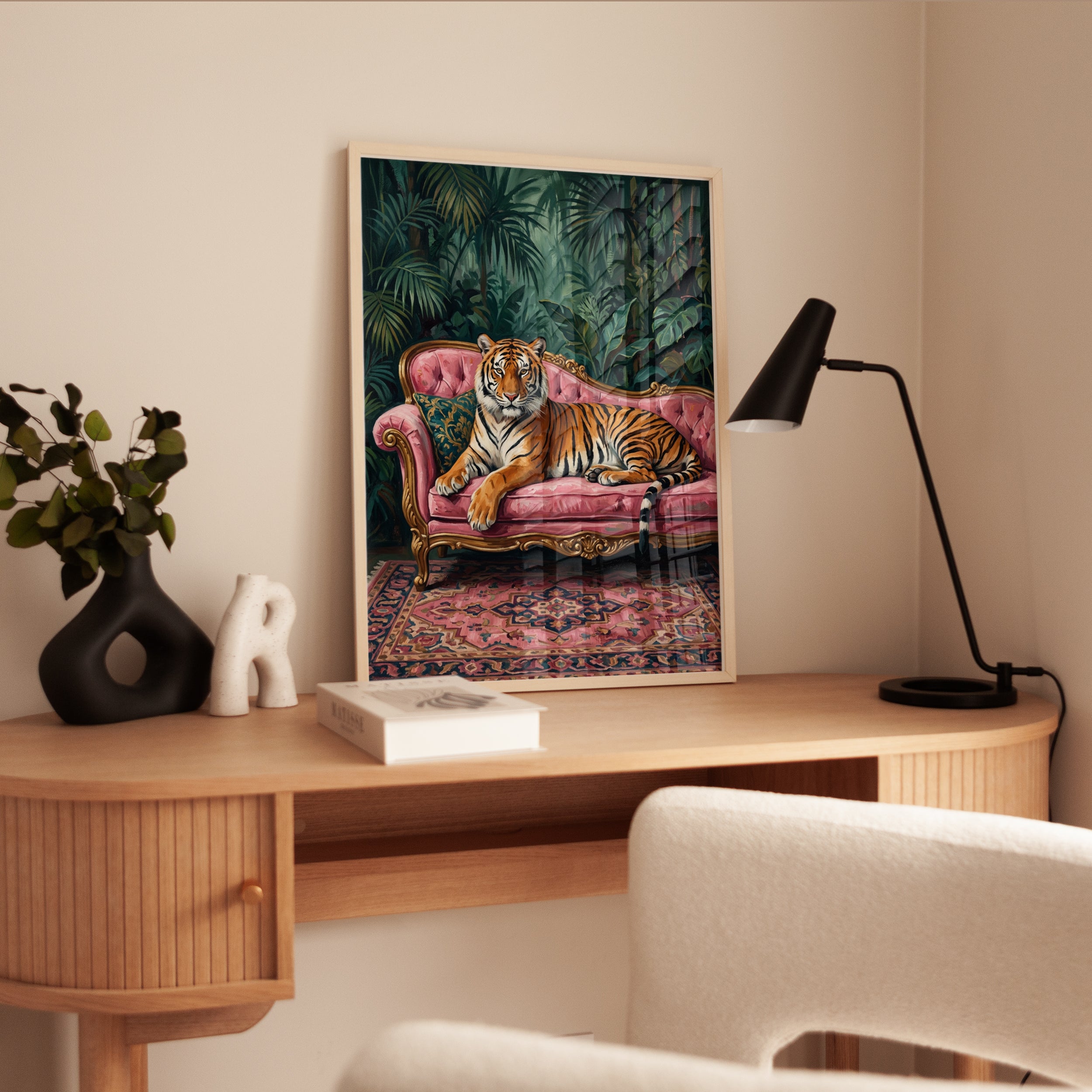 Tiger on Pink Sofa Print — Jungle Victorian Maximalist Art - interior