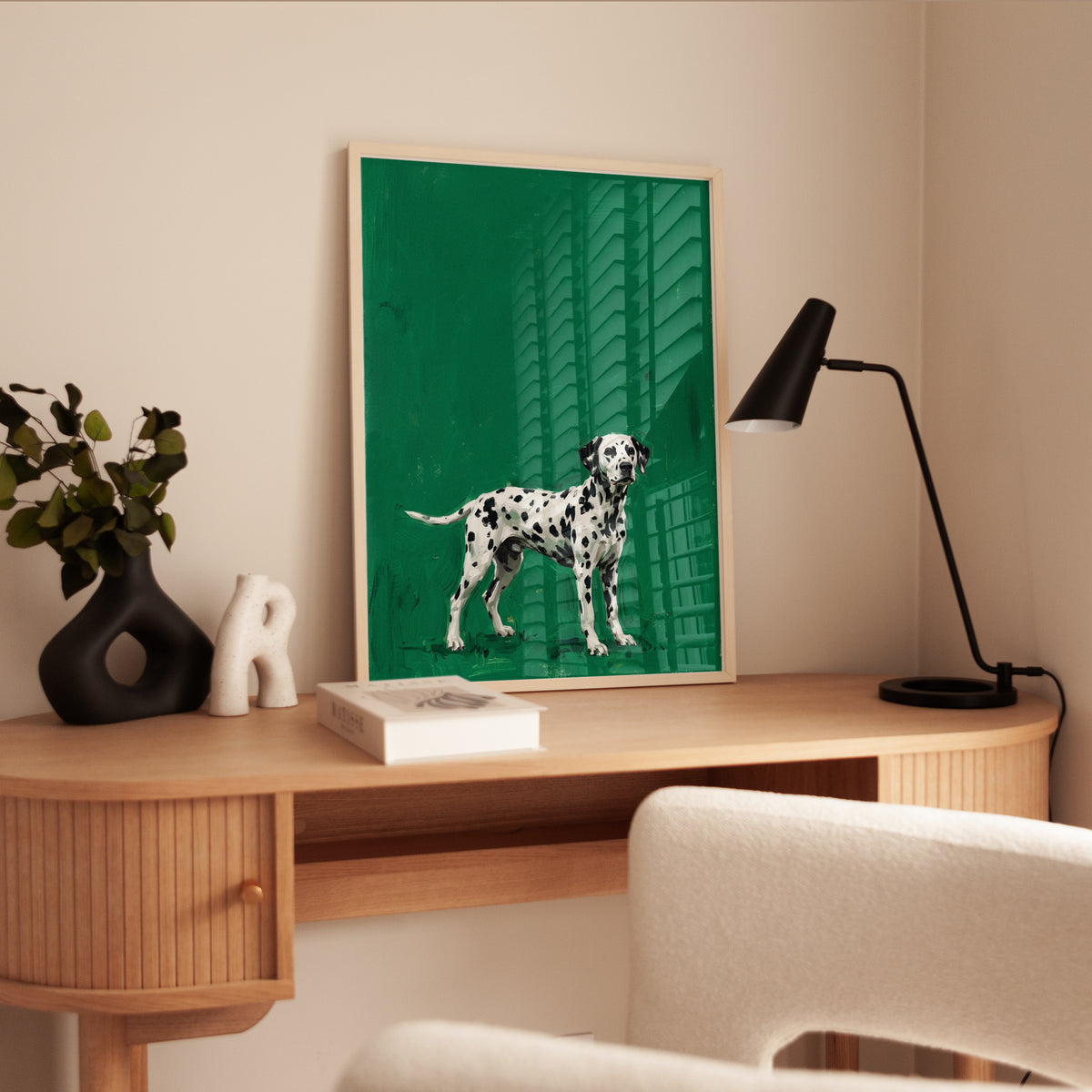 Dalmatian Dog Portrait Print — Bold Green Background - interior