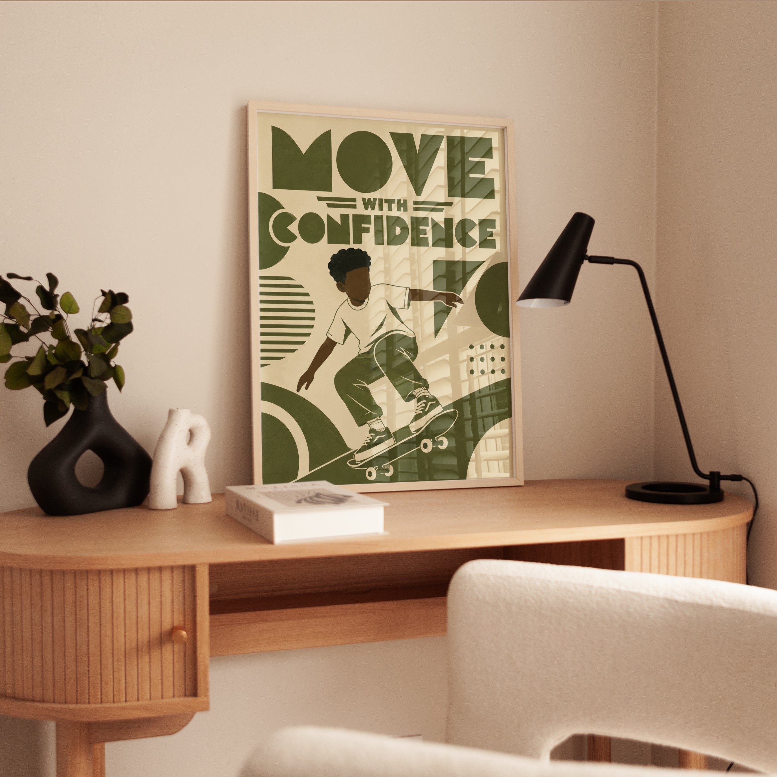 Move With Confidence Poster: Retro Skateboarder Art Deco Design - interior