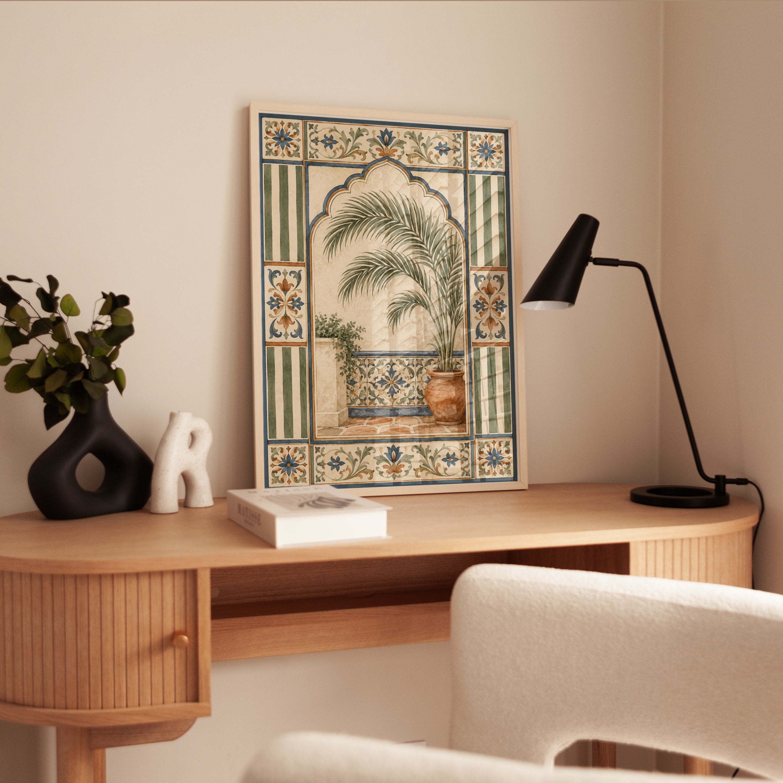 Moroccan Palm Courtyard Print: Mediterranean Tile Art - interior