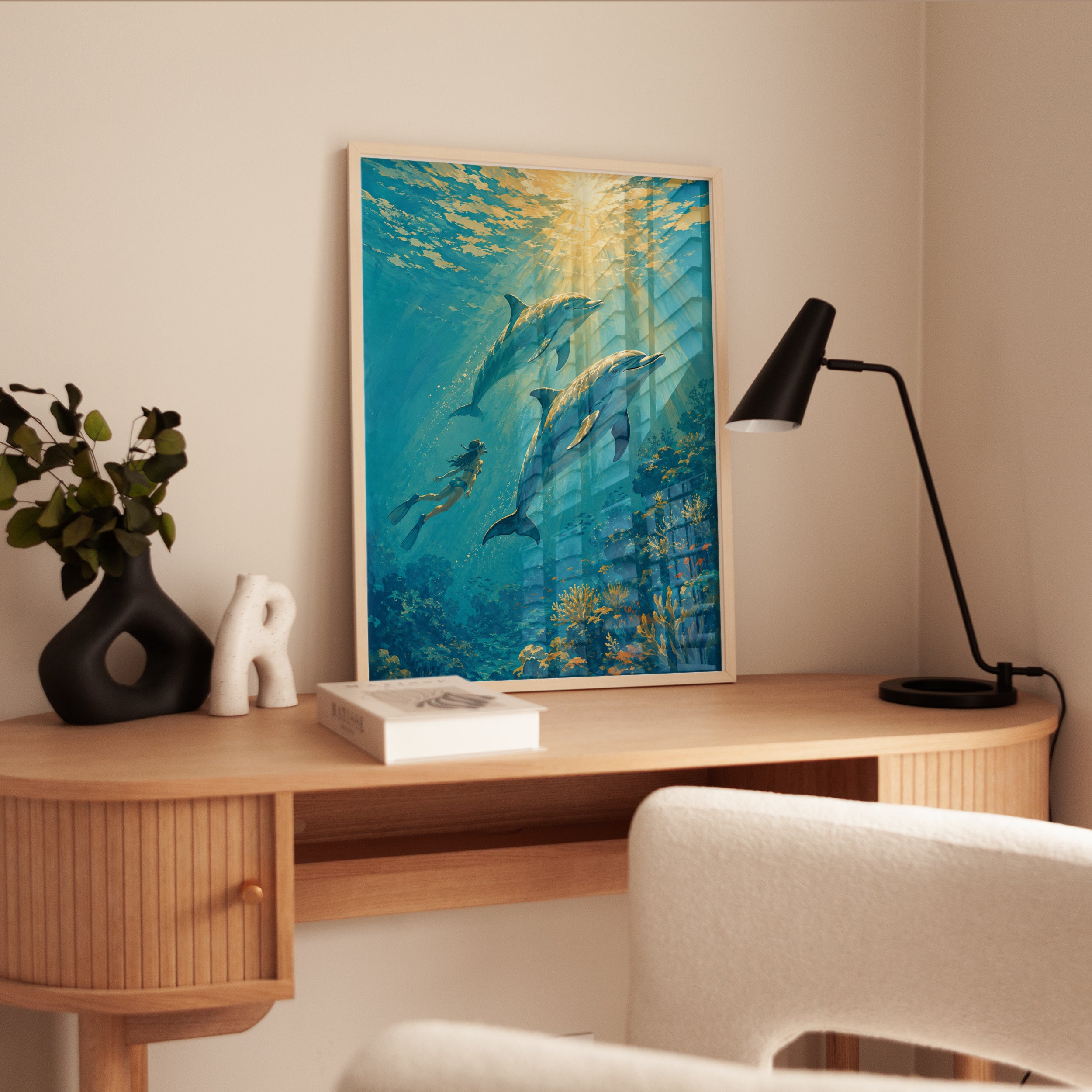 Dolphins and Diver Underwater Print: Turquoise Ocean Scene - interior