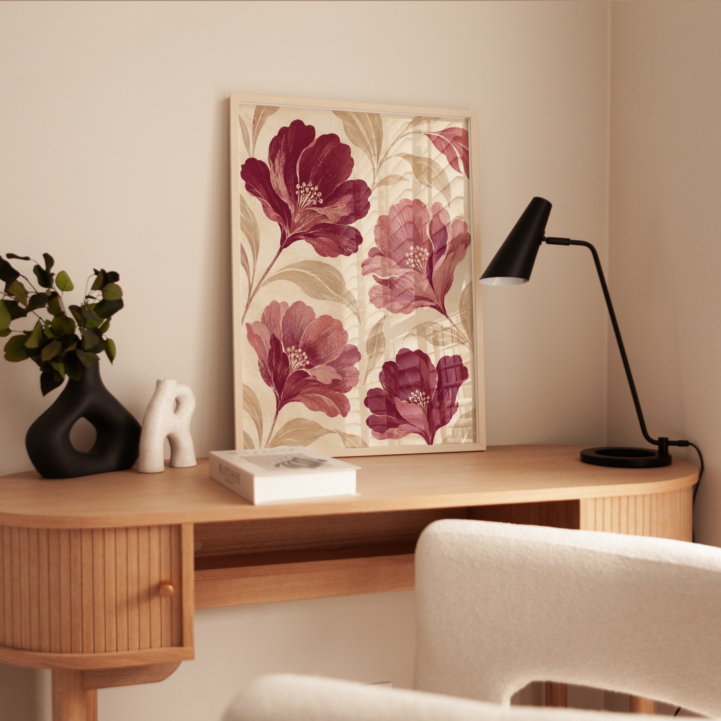 Vintage Floral Wall Art – Burgundy Flower Print - interior