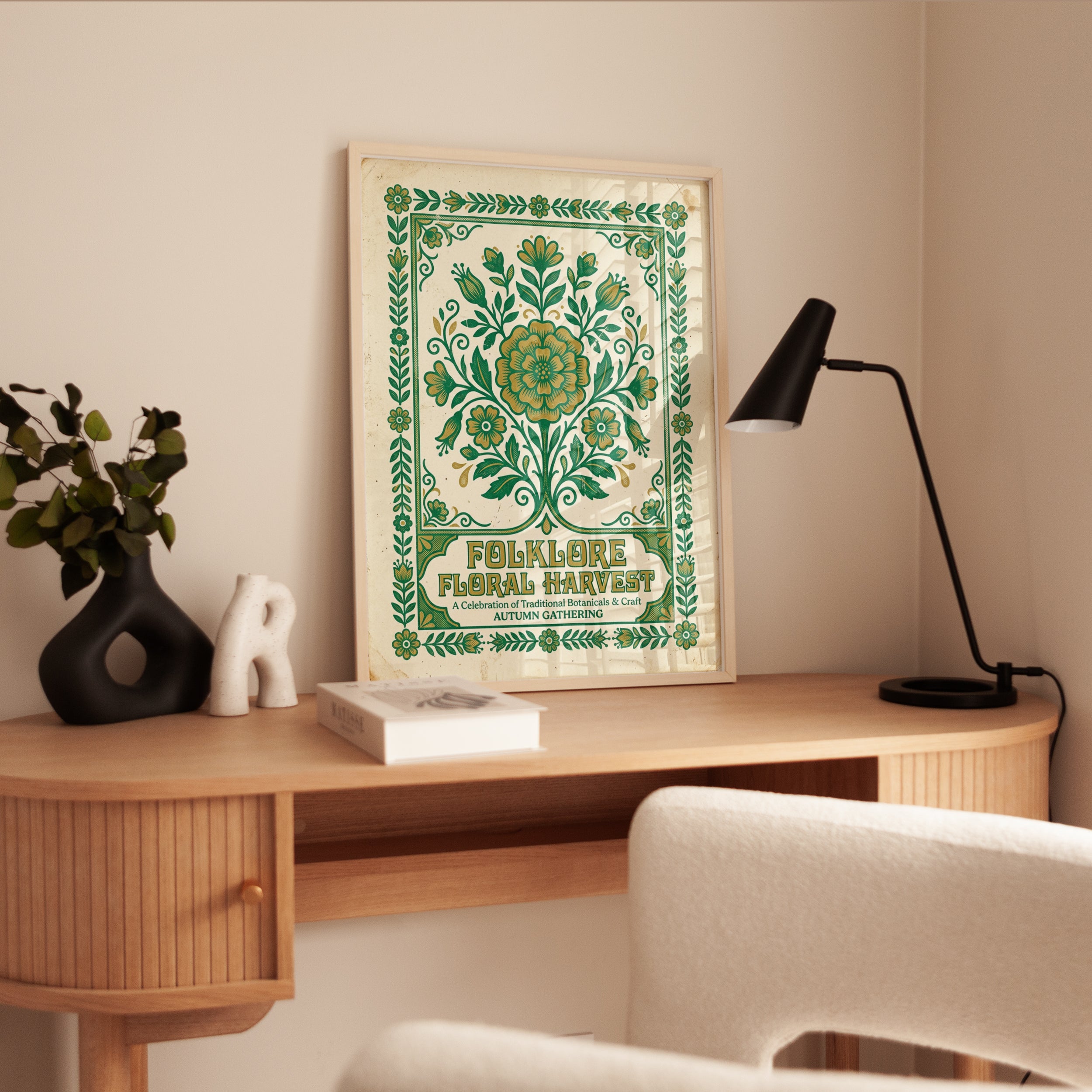 Folk Art Botanical Print: Green and Gold Floral Harvest Design - interior
