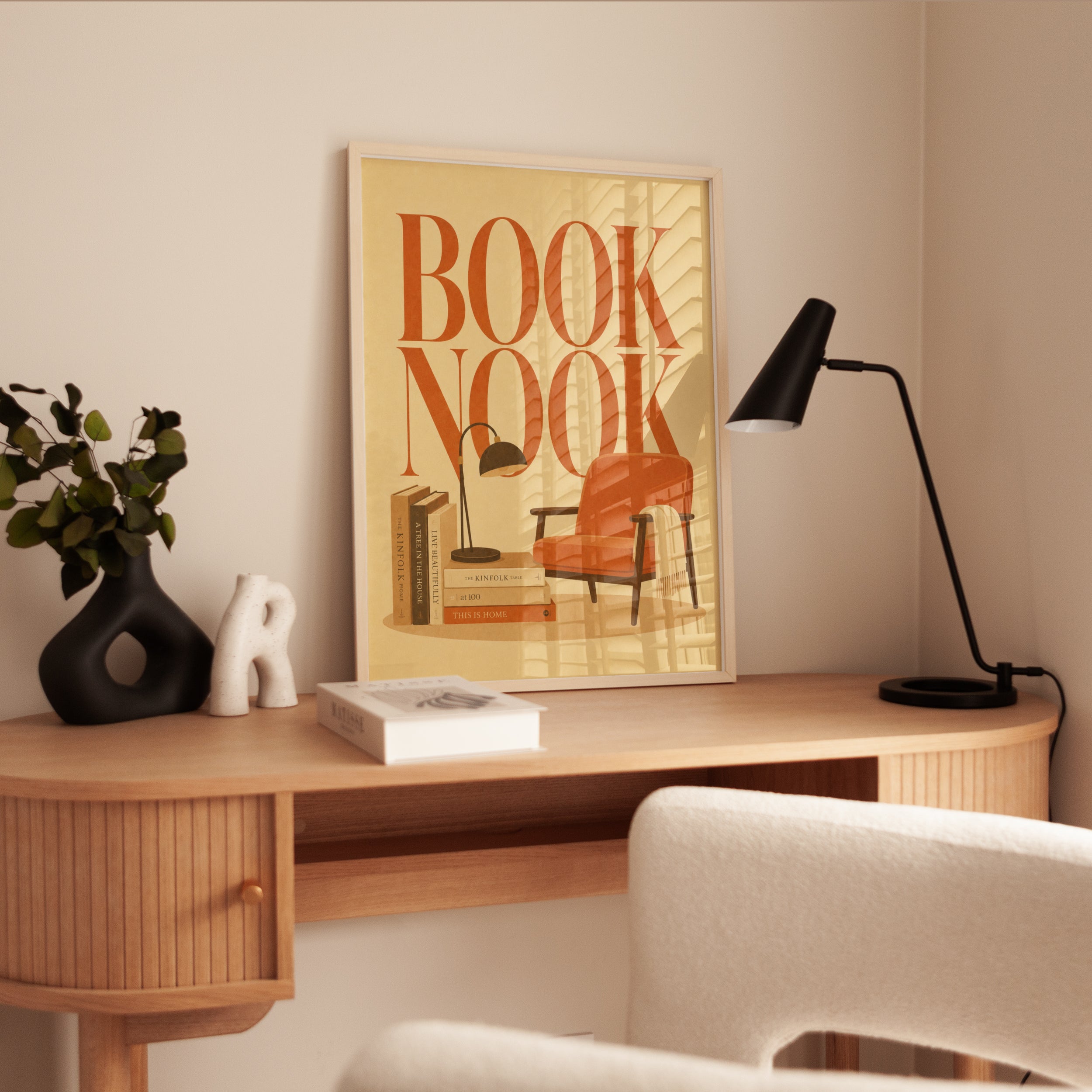 Book Nook Reading Corner Print: Mid-Century Modern Orange Design - interior