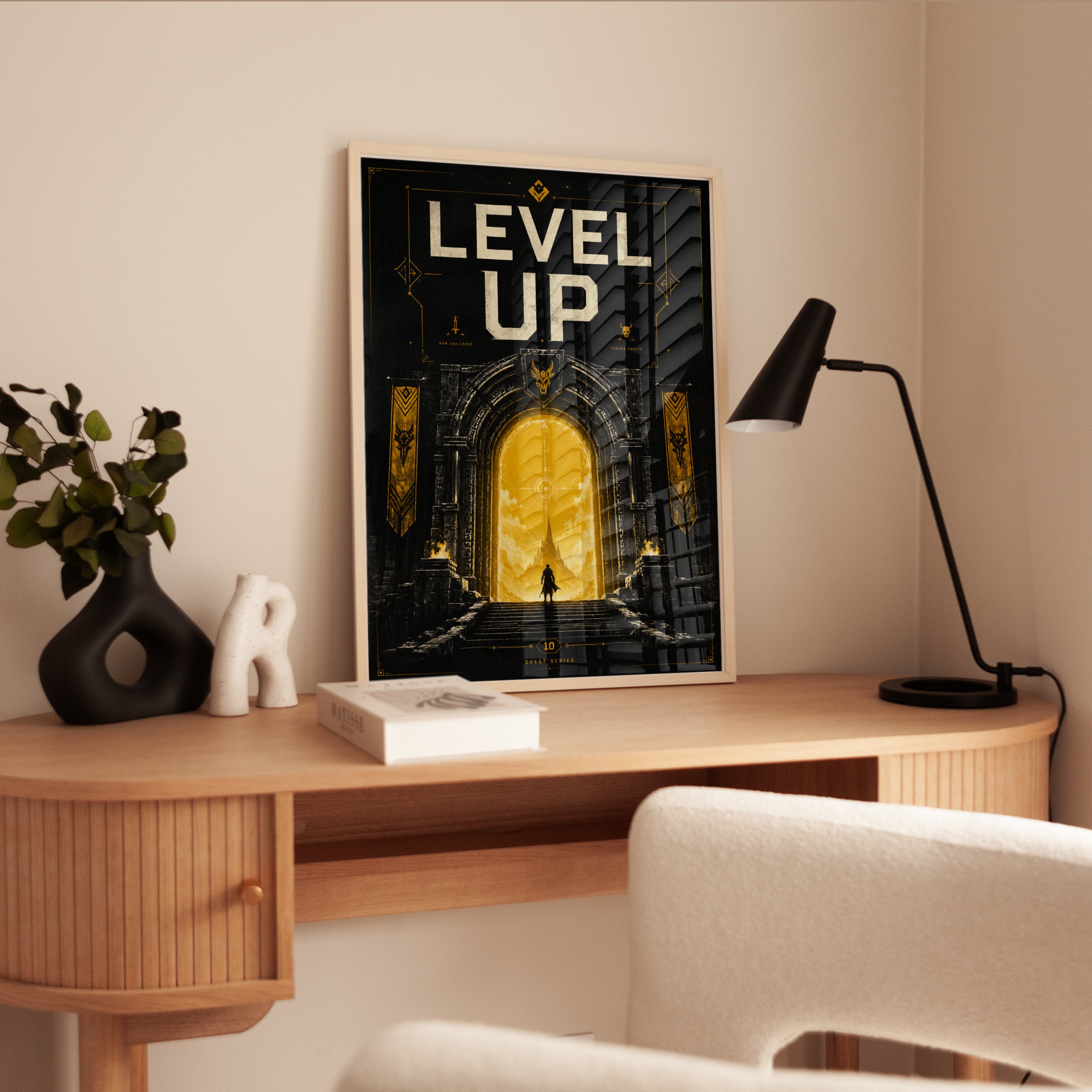 Level Up Gaming Poster: Art Deco Fantasy Portal in Gold and Black - interior