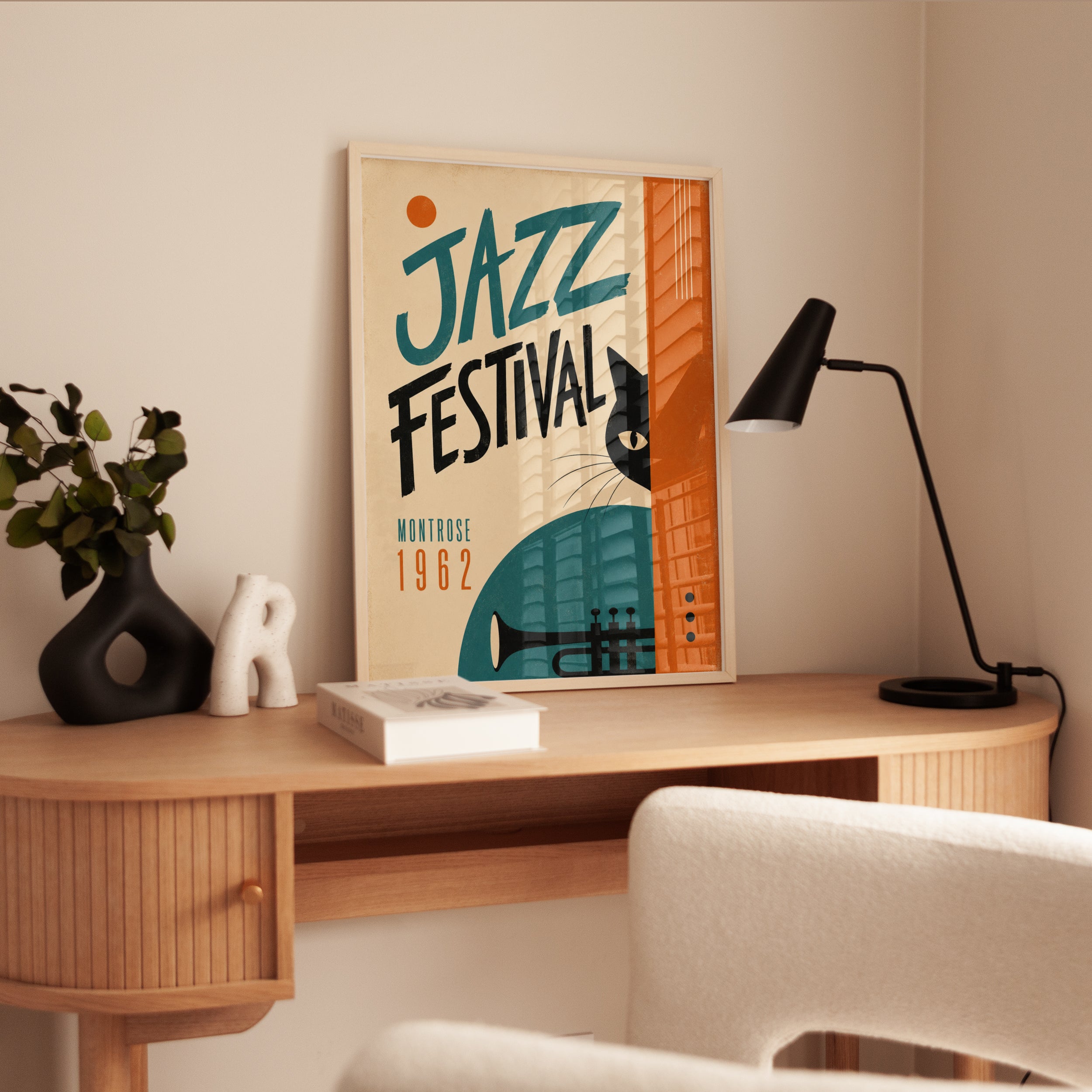 Jazz Festival Poster: Retro 1962 Music Art with Black Cat - interior