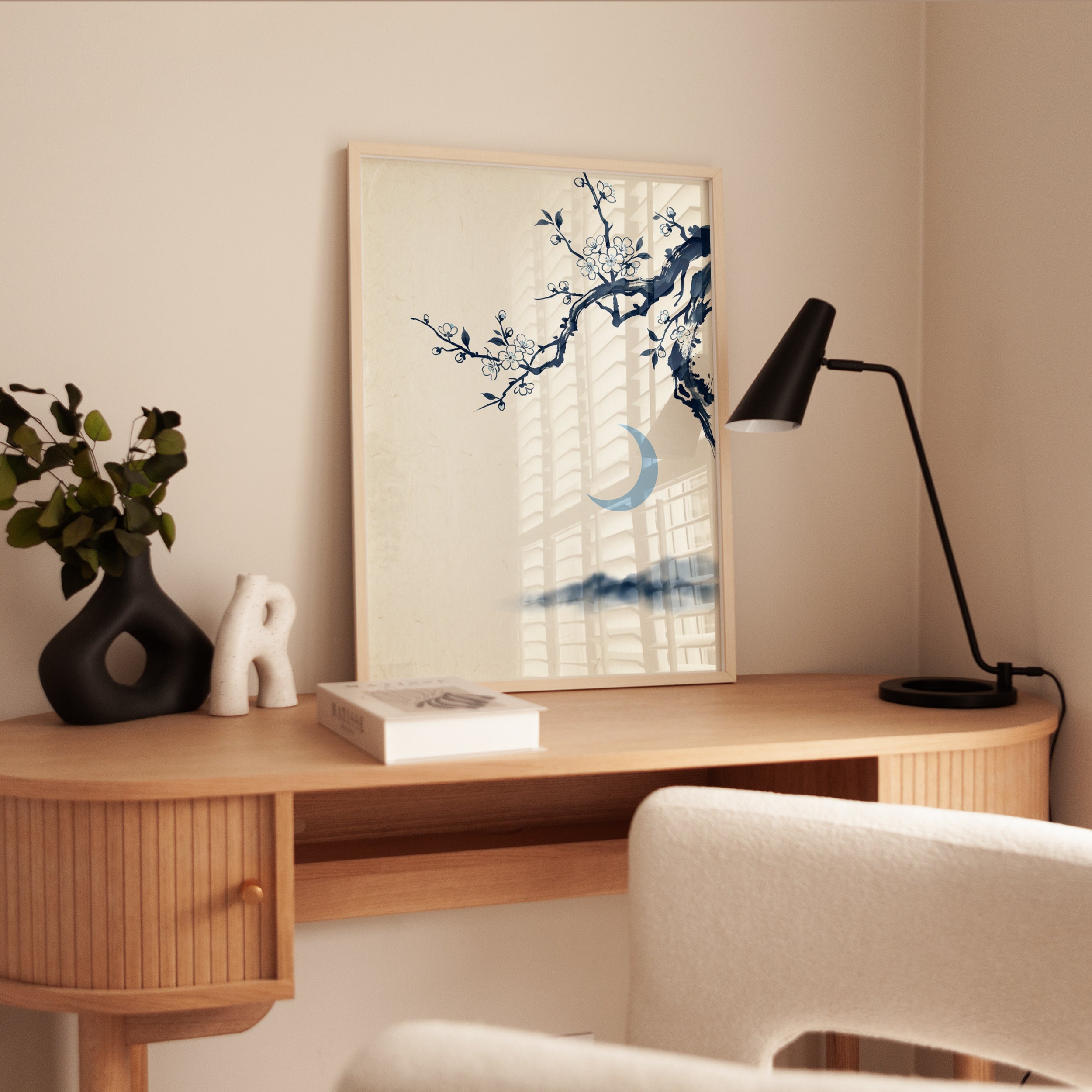 Cherry Blossom Moon Art Print: Japanese Ink Painting Style - interior