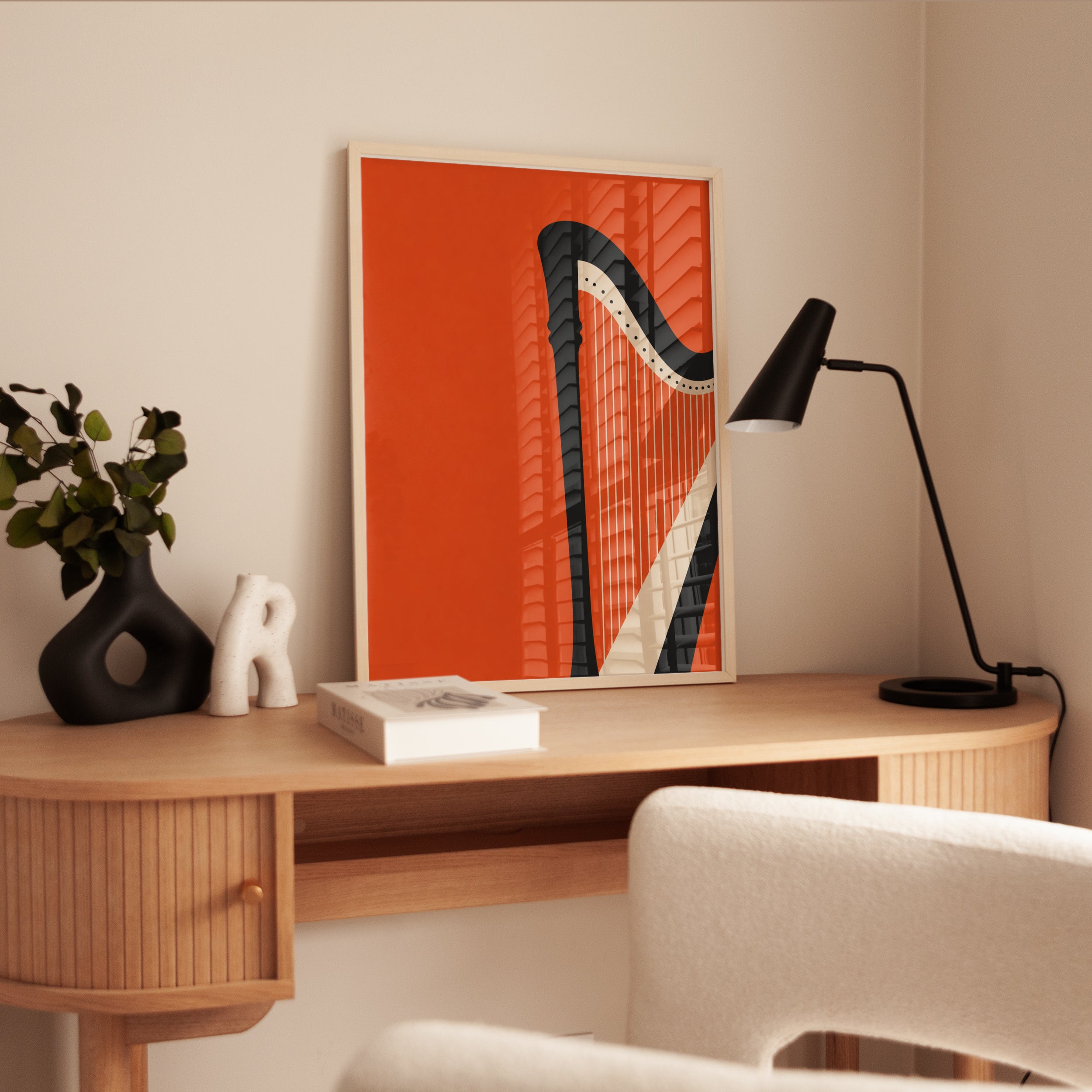 Harp Art Print: Minimalist Music Poster in Orange and Black - interior