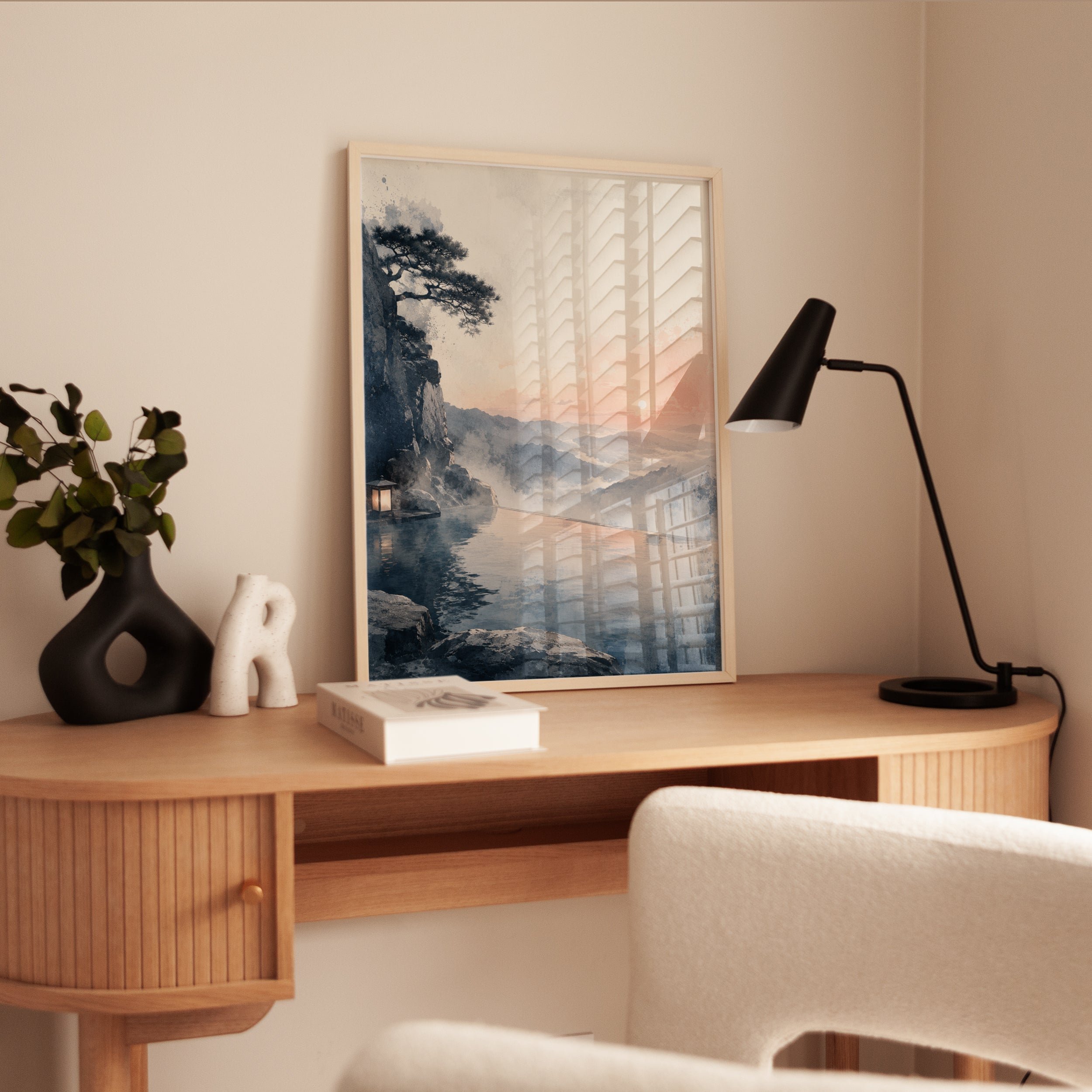 Japanese Landscape Print – Mountain Lake Wall Art - interior