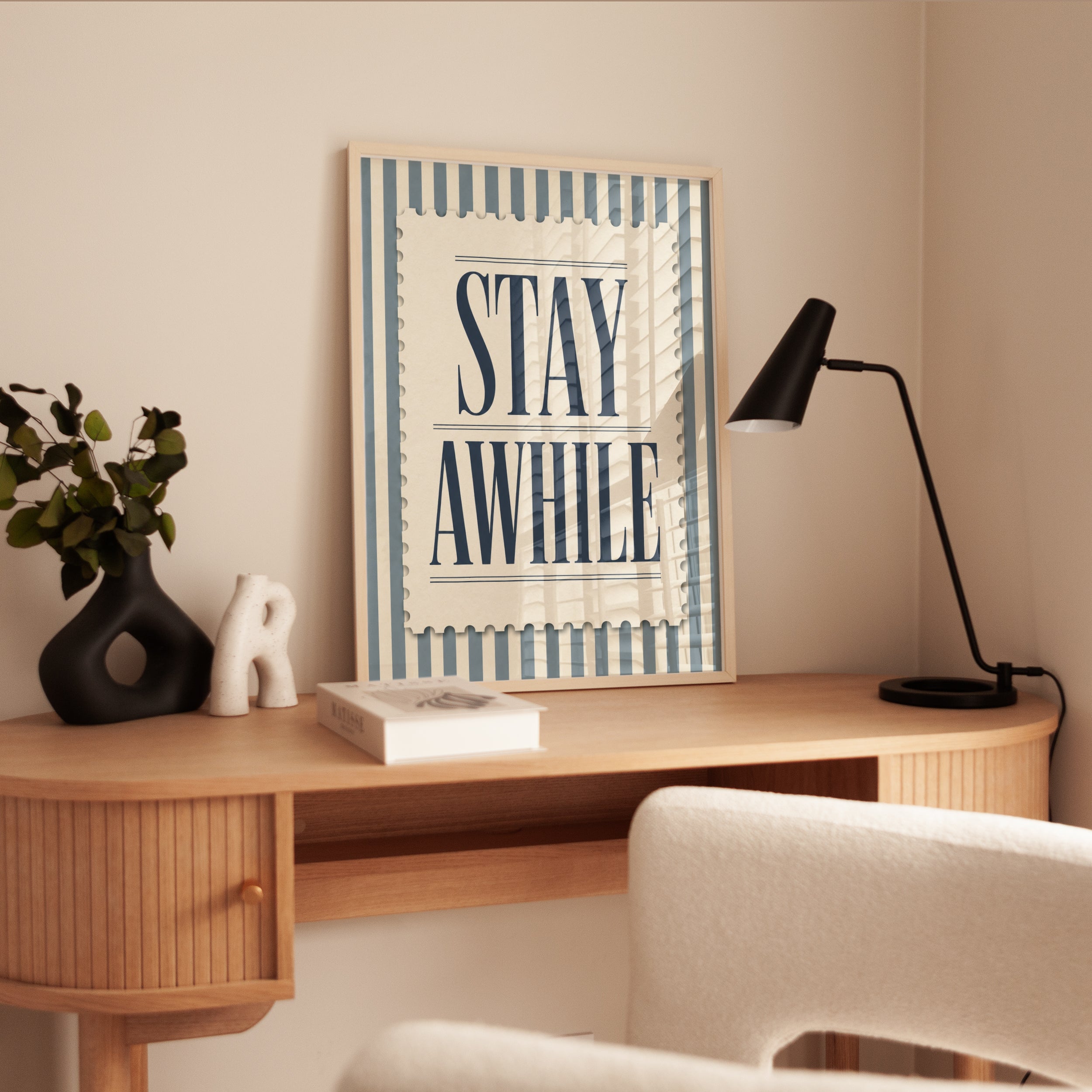 Stay Awhile Typography Poster: Vintage Blue Stripe Wall Art - interior