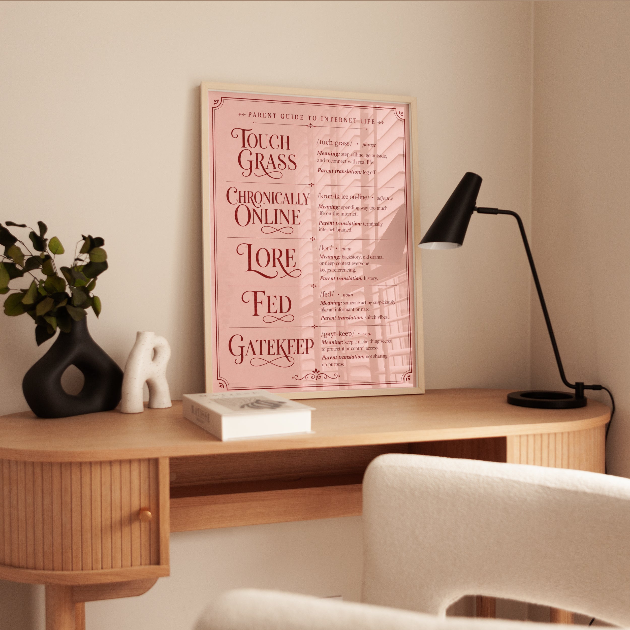 Internet Slang Dictionary Poster: Vintage Pink Typography Print - interior