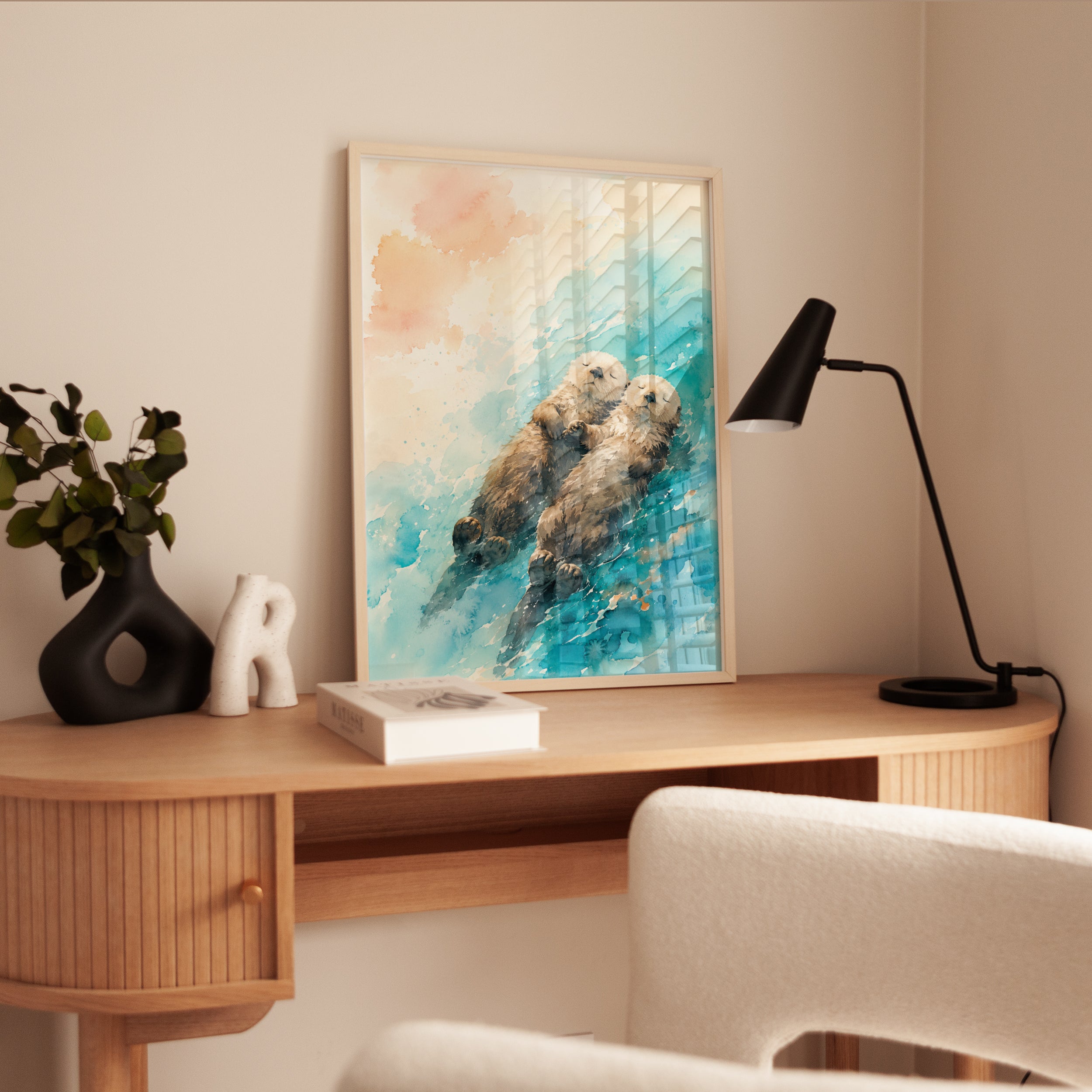 Otters Holding Hands Art Print: Watercolor Aqua and Peach - interior