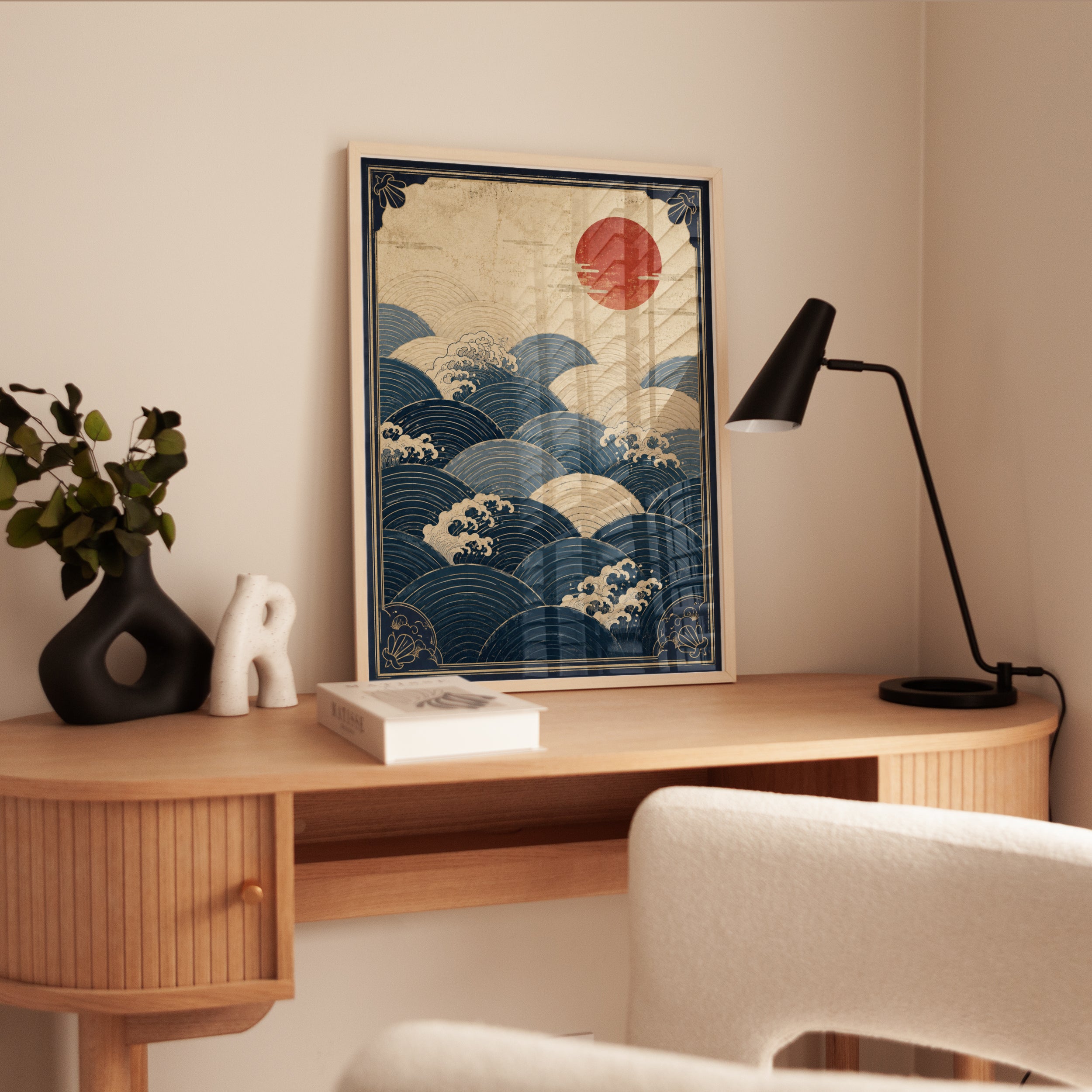 Ocean Wall Art Print: Japanese Waves with Red Sun - interior