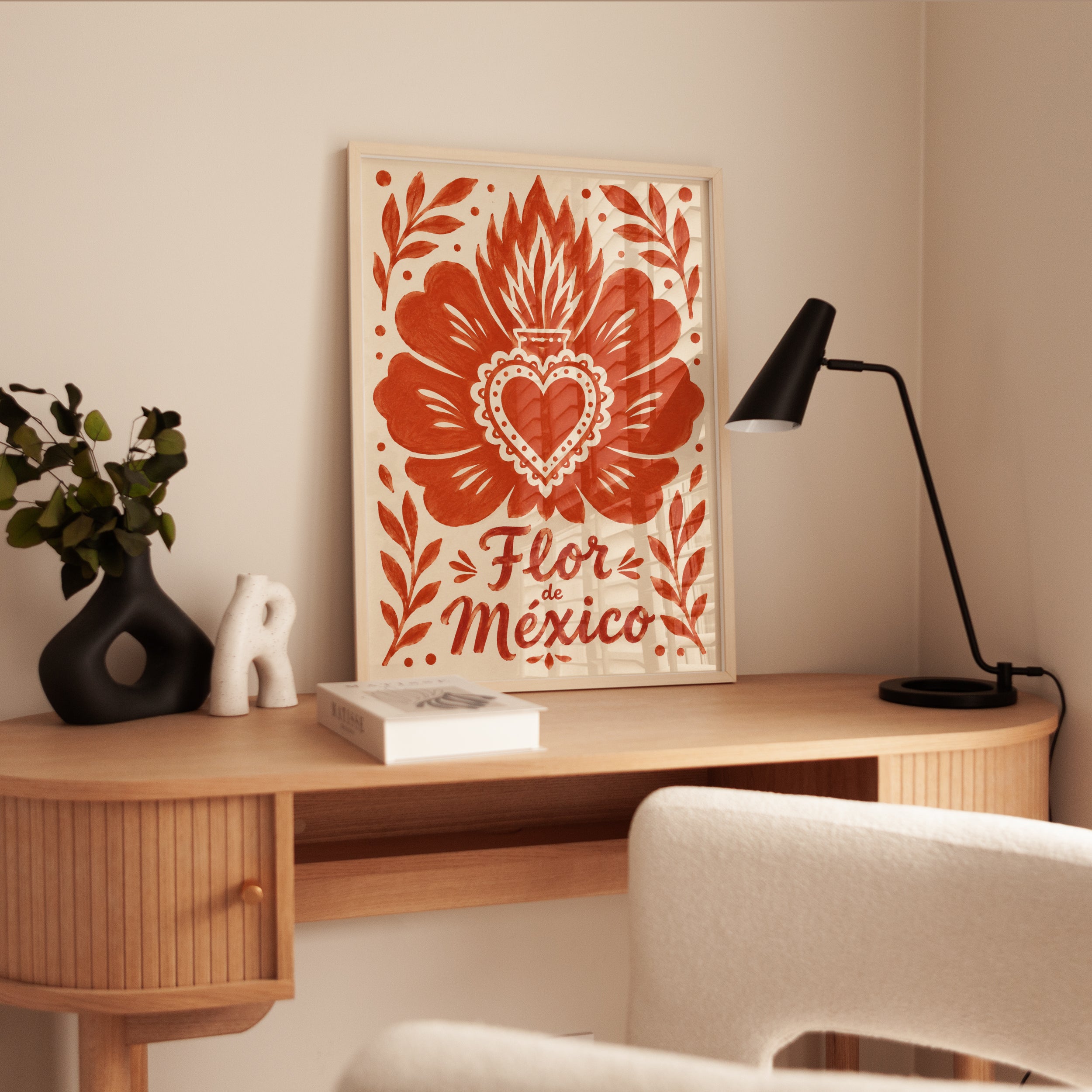 Sacred Heart Flor de Mexico: Folk Art Print in Terracotta Orange - interior