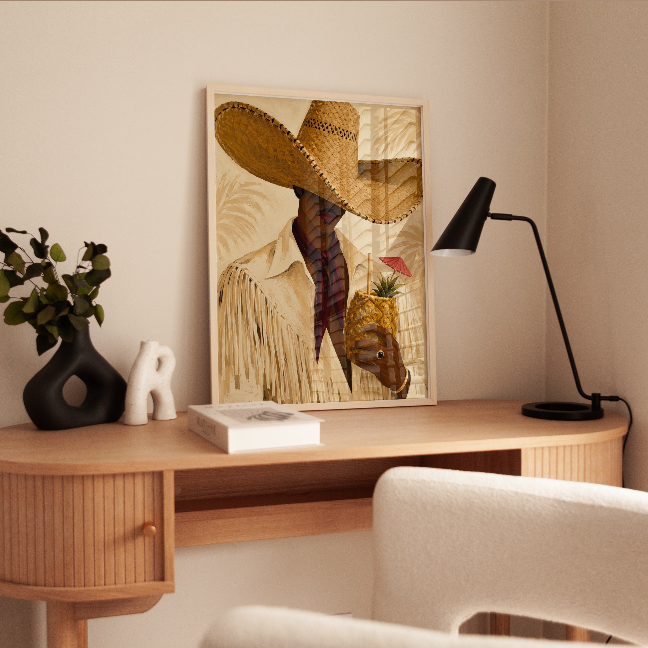 Tropical Cowgirl with Pineapple Drink: Warm Tan Fashion Art Print - interior
