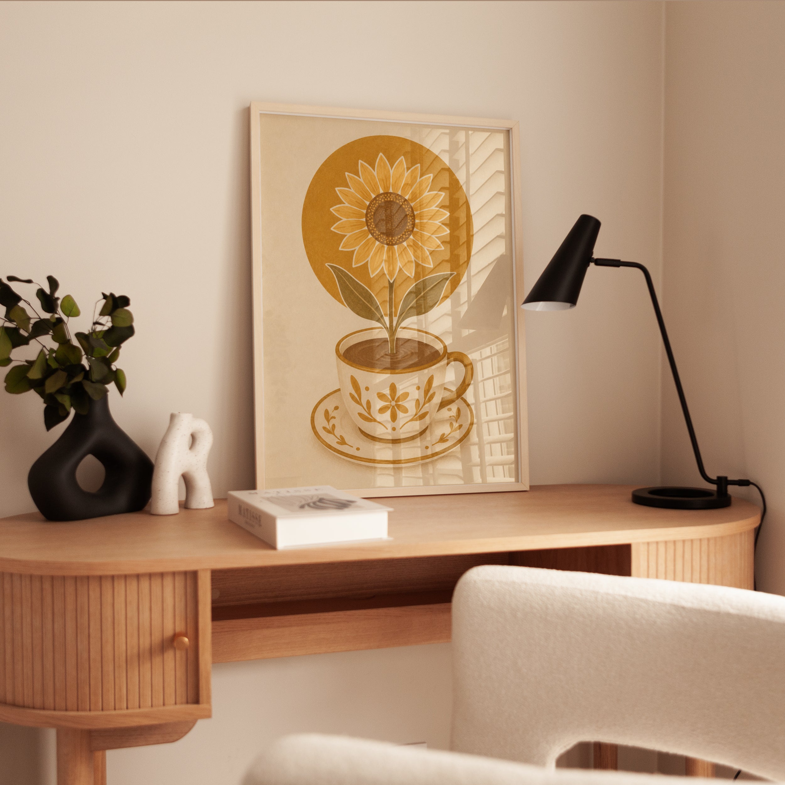 Sunflower Coffee Cup Art Print: Retro Botanical Kitchen Poster - interior